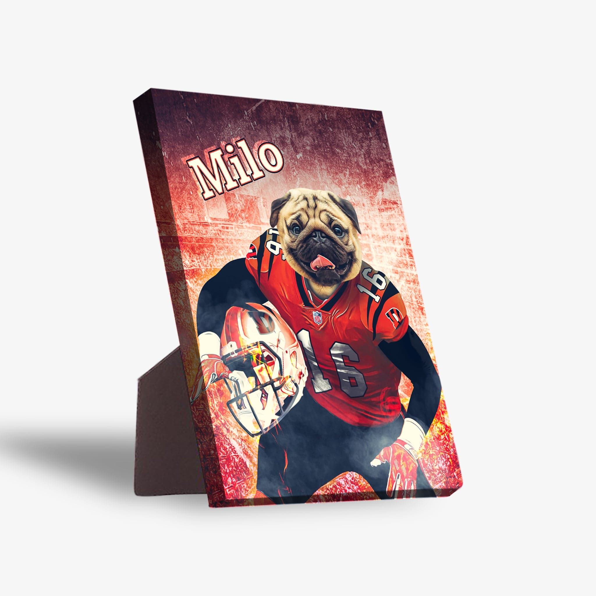 Personalized pet standing canvas featuring a pug in a red football uniform with "Milo" on a distressed background.