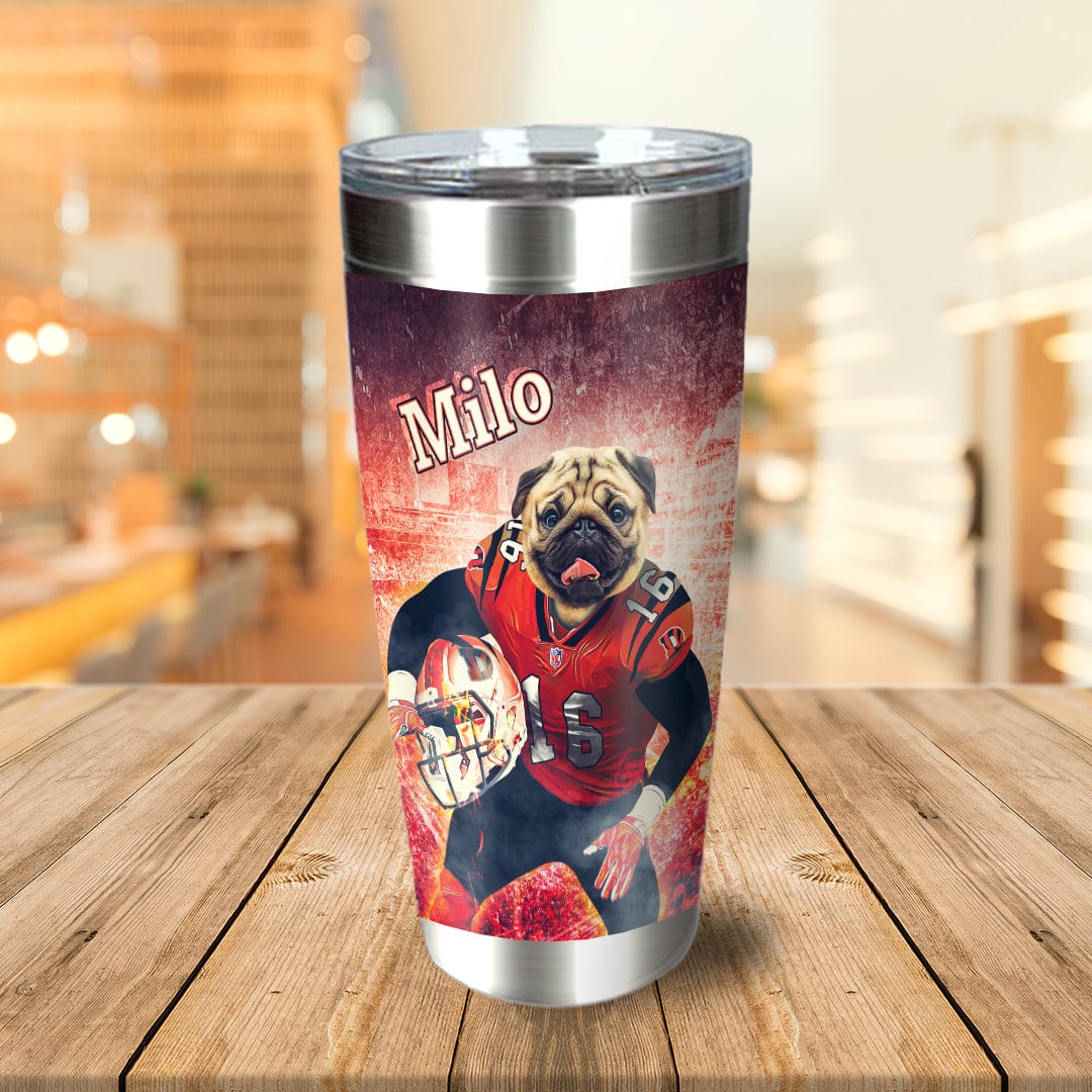 Personalized stainless steel tumbler with a pug in a football uniform and "Milo" text on a distressed red background.