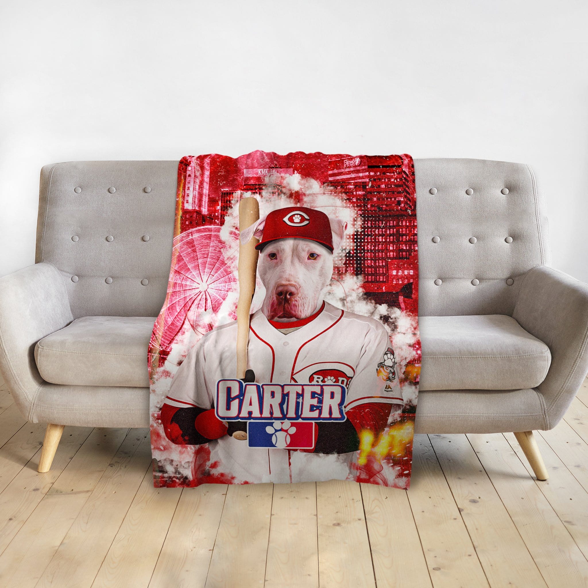 Personalized pet blanket with a white dog in a Cincinnati Reds baseball uniform holding a bat.