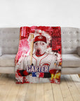 Personalized pet blanket with a white dog in a Cincinnati Reds baseball uniform holding a bat.