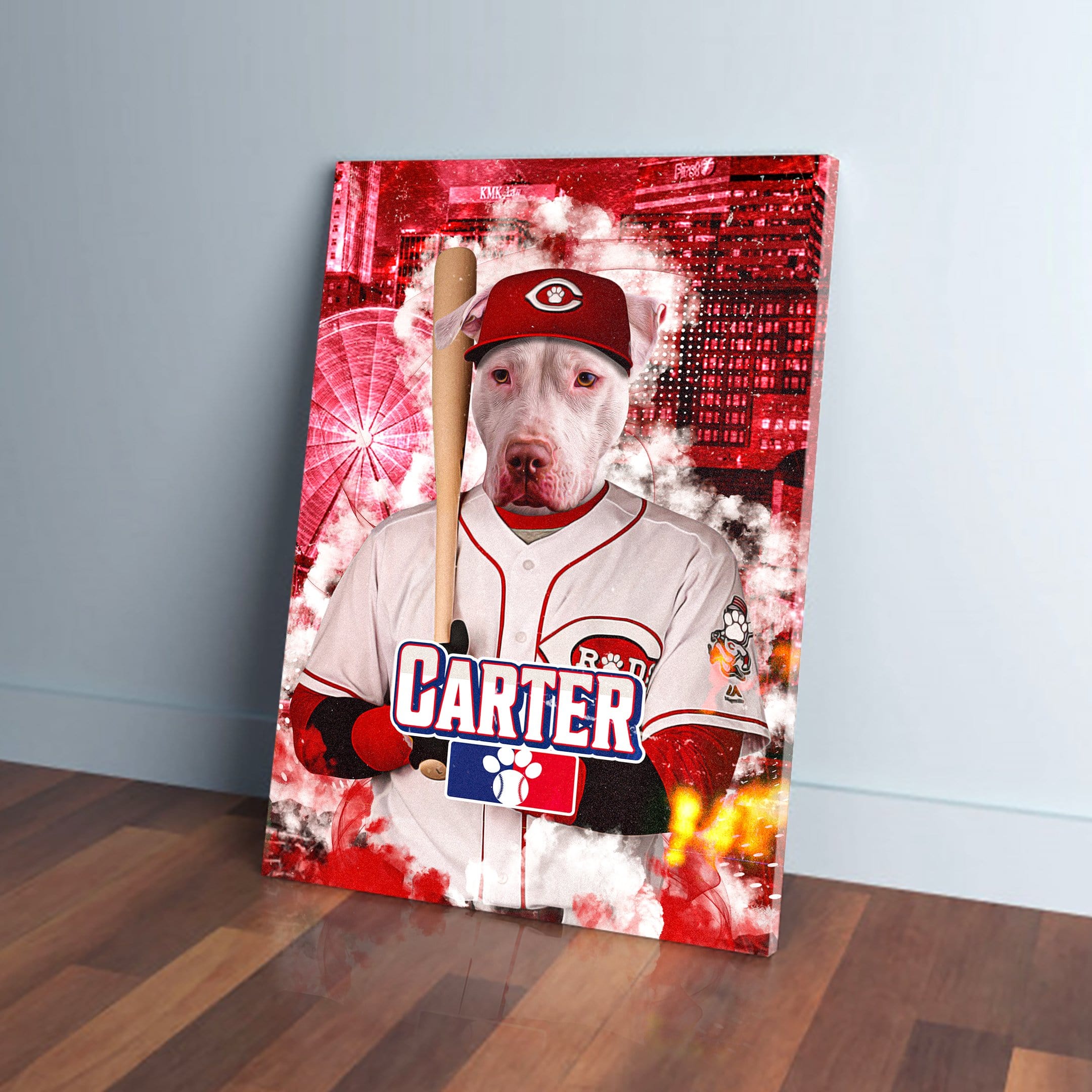 Personalized pet canvas featuring a white dog in a Cincinnati Red Doggos baseball uniform with a bat.