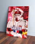 Personalized pet canvas featuring a white dog in a Cincinnati Red Doggos baseball uniform with a bat.