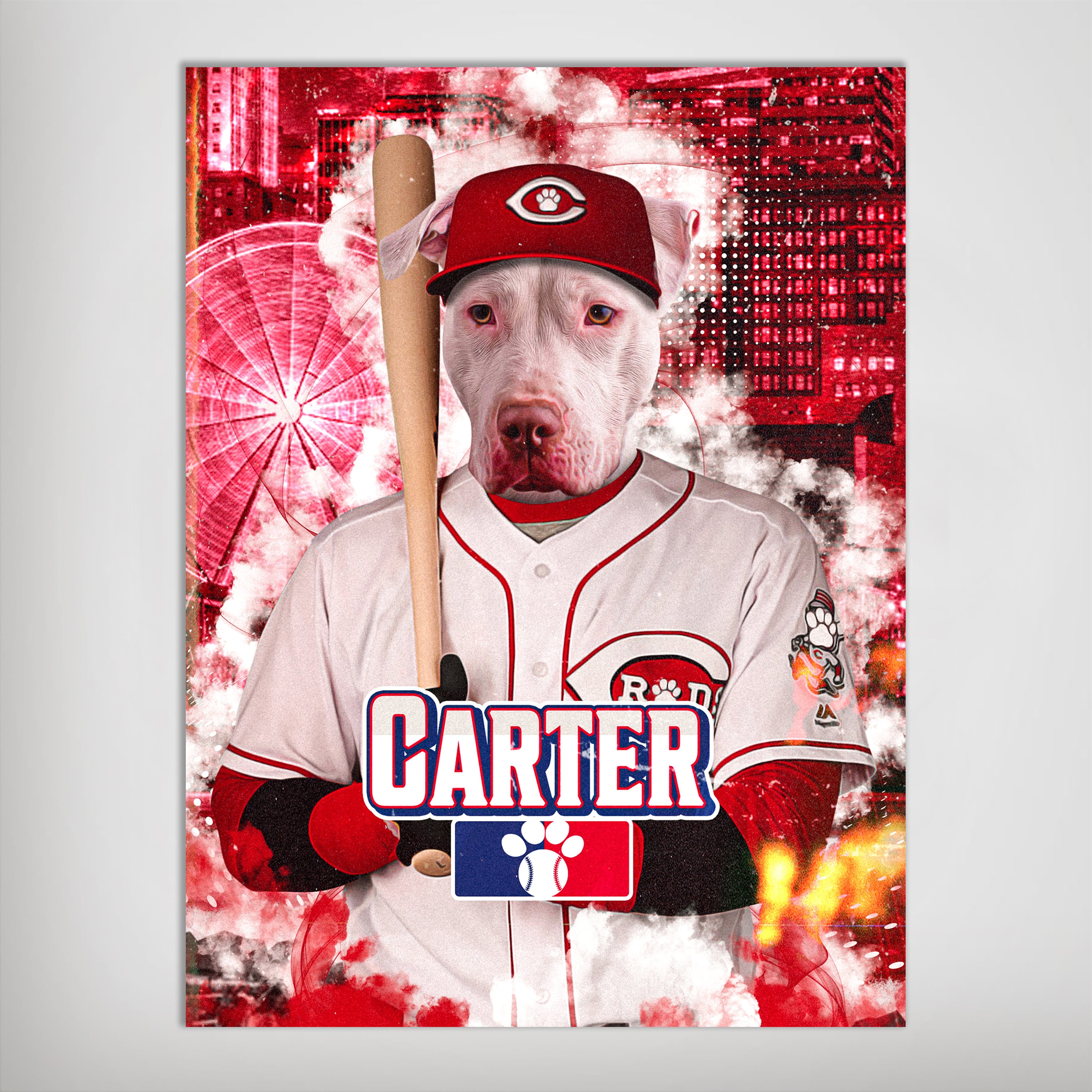 Personalized Cincinnati Red Doggos pet poster featuring a white pit bull in a baseball uniform.