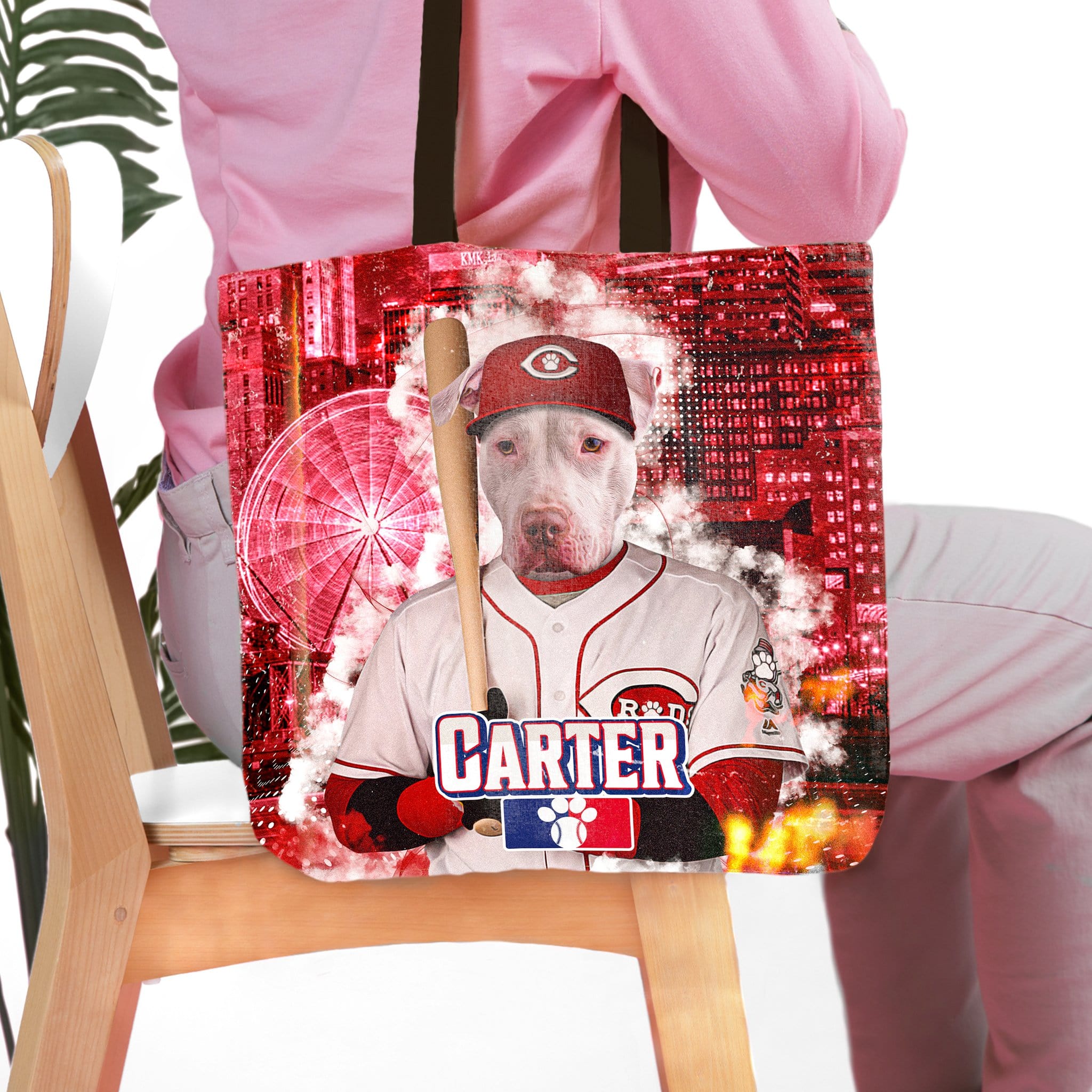 Personalized tote bag with a custom dog portrait in a Cincinnati Reds baseball uniform.