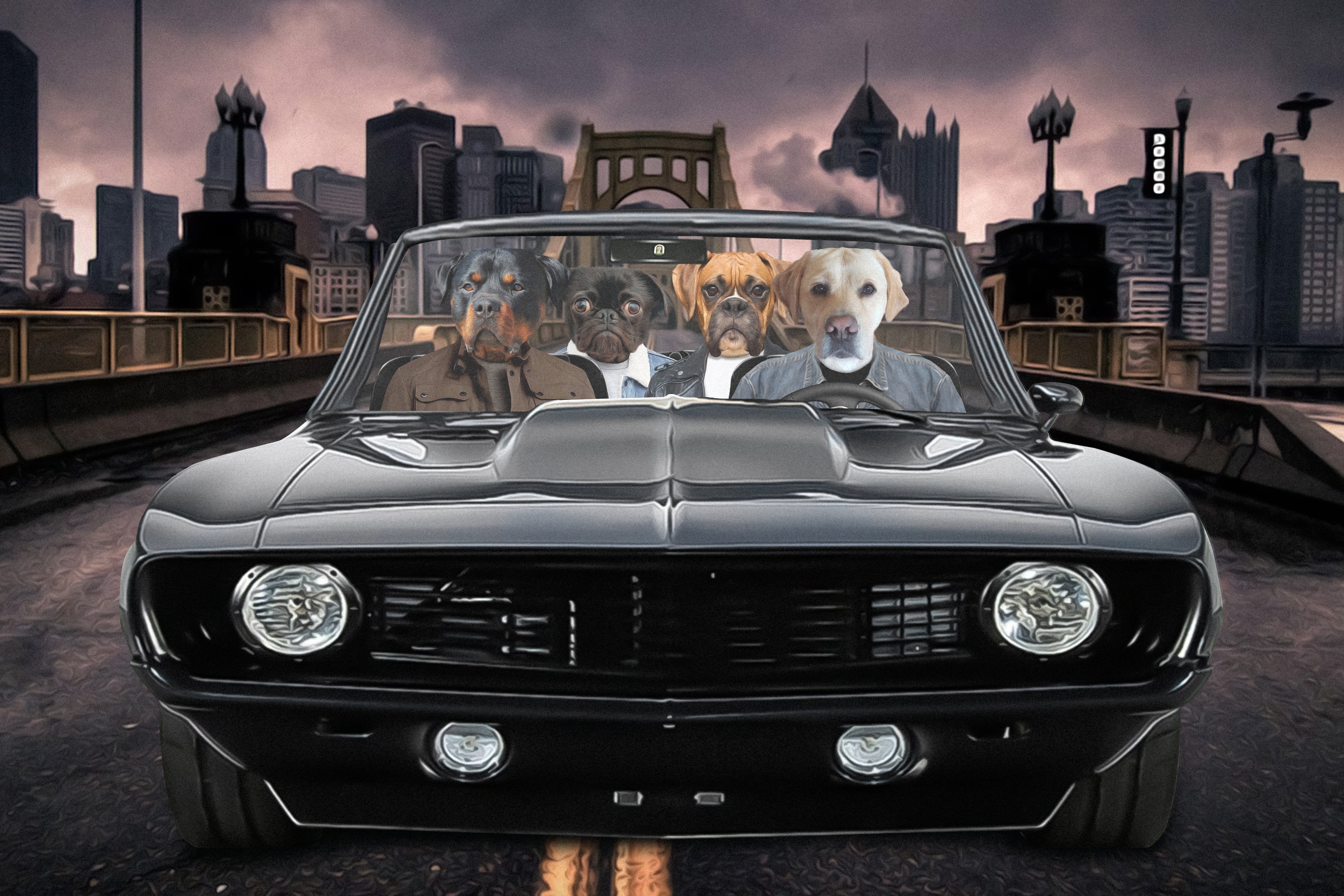 Retrato digital personalizado de 4 mascotas &#39;The Classic Pawmaro&#39;