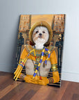 Custom 'Cleopawtra' pet canvas featuring a white Shih Tzu in an ancient Egyptian pharaoh costume.