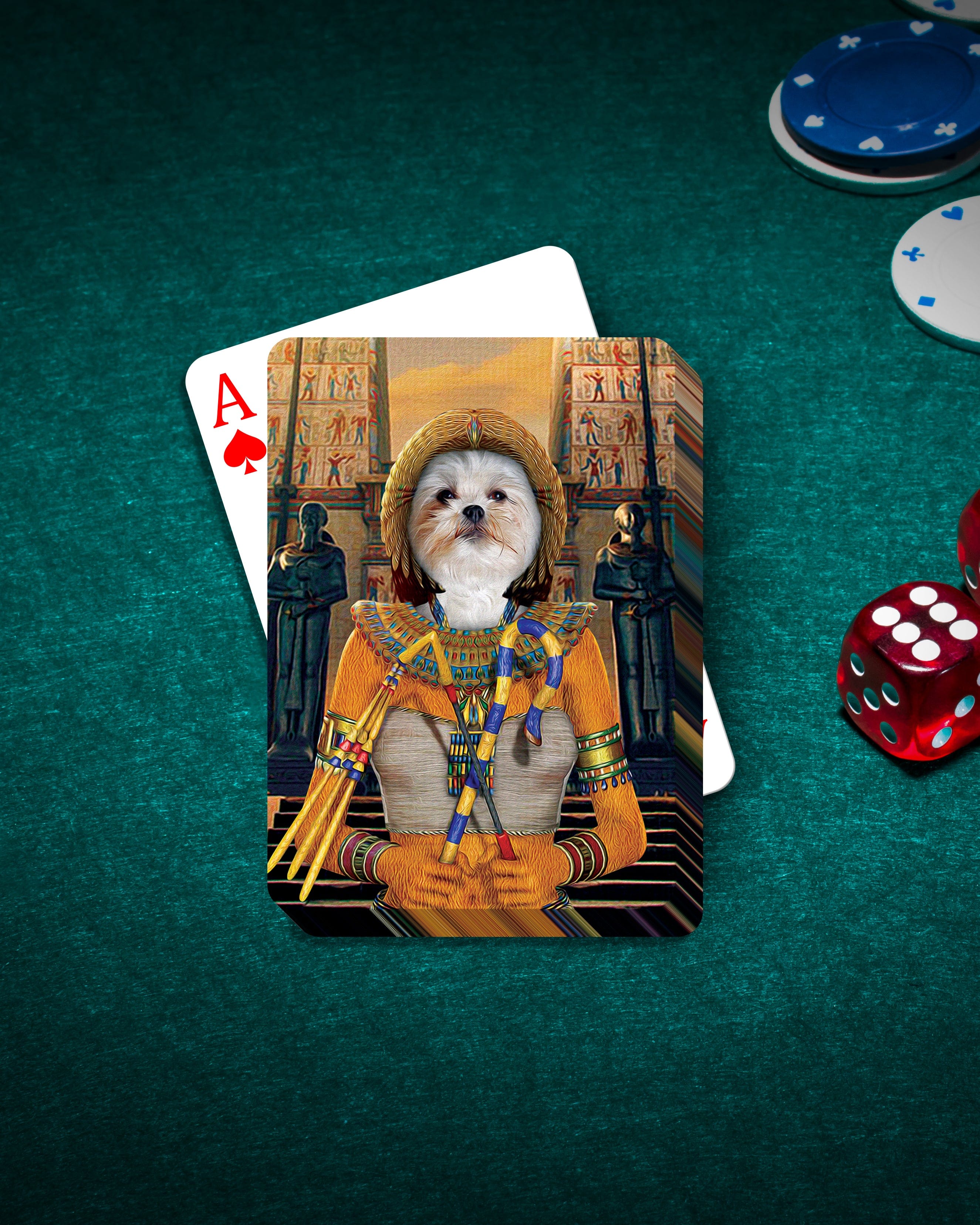 Personalized playing card featuring a white dog in a Cleopawtra renaissance portrait on a green felt table with poker chips and dice.
