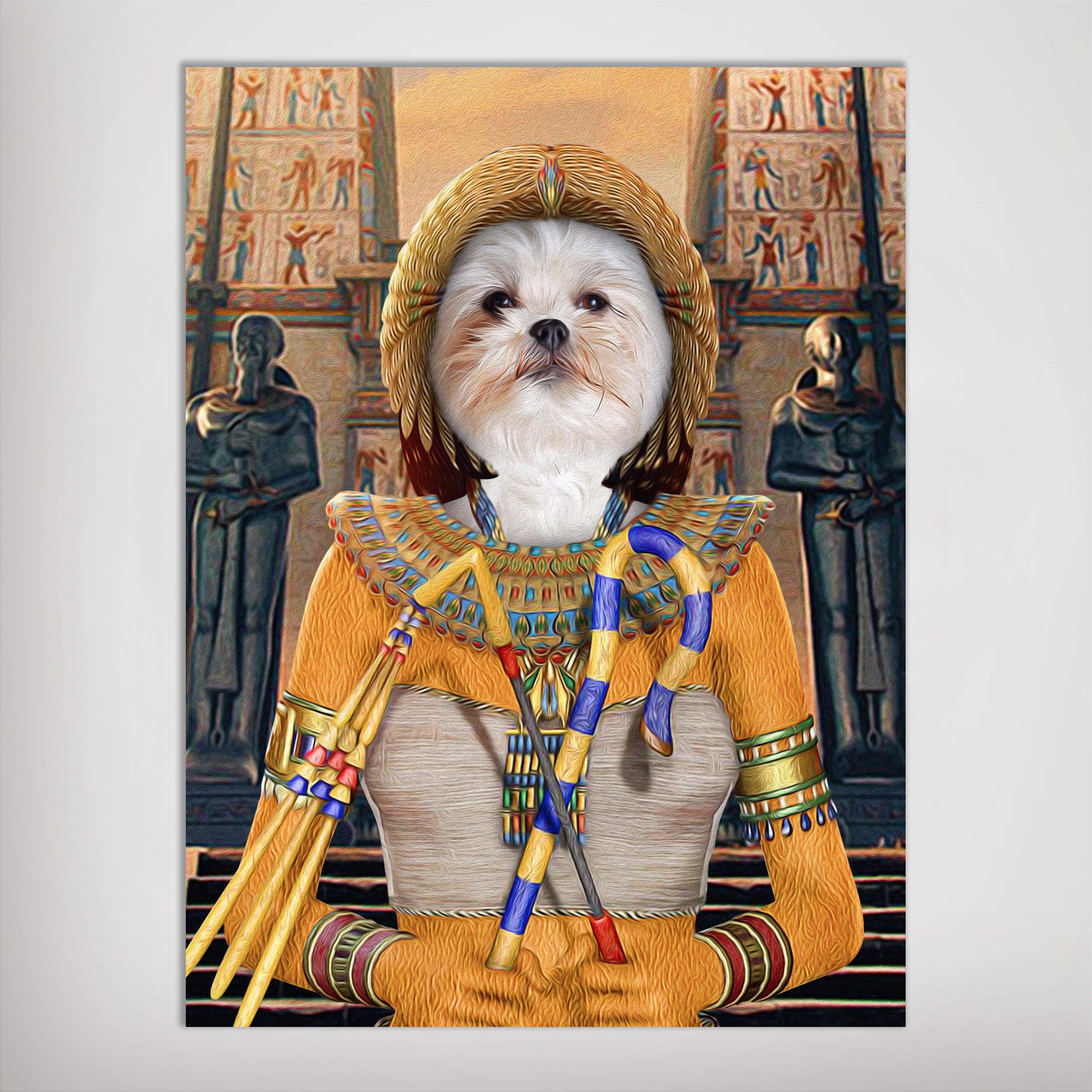 Personalized 'Cleopawtra' pet poster featuring a white Shih Tzu in an Egyptian pharaoh costume with a temple background.