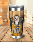 Personalized stainless steel tumbler with a custom dog portrait in an Egyptian pharaoh costume.