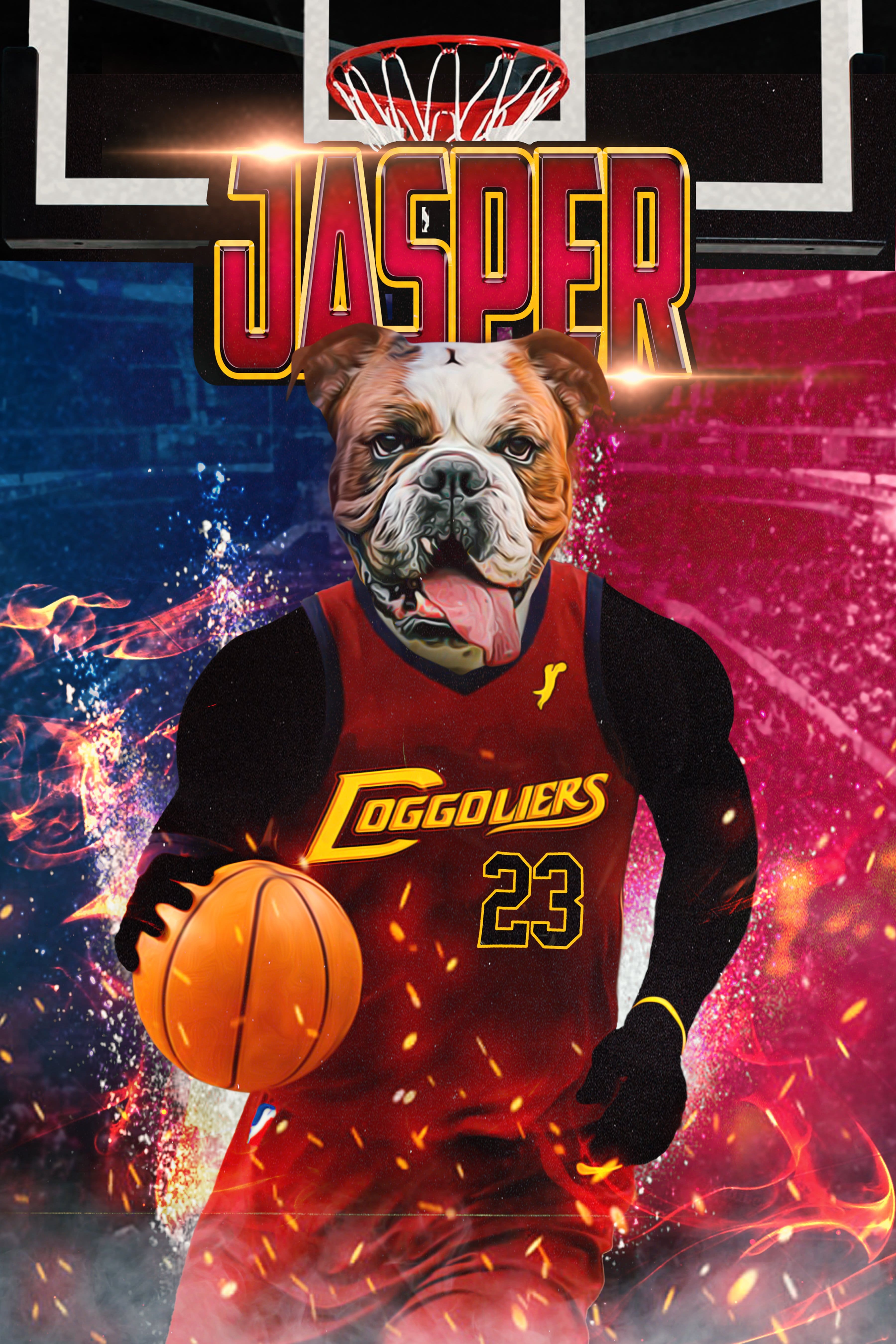 Personalized digital portrait of a bulldog in a red "Doggoliers" basketball jersey, holding a basketball.