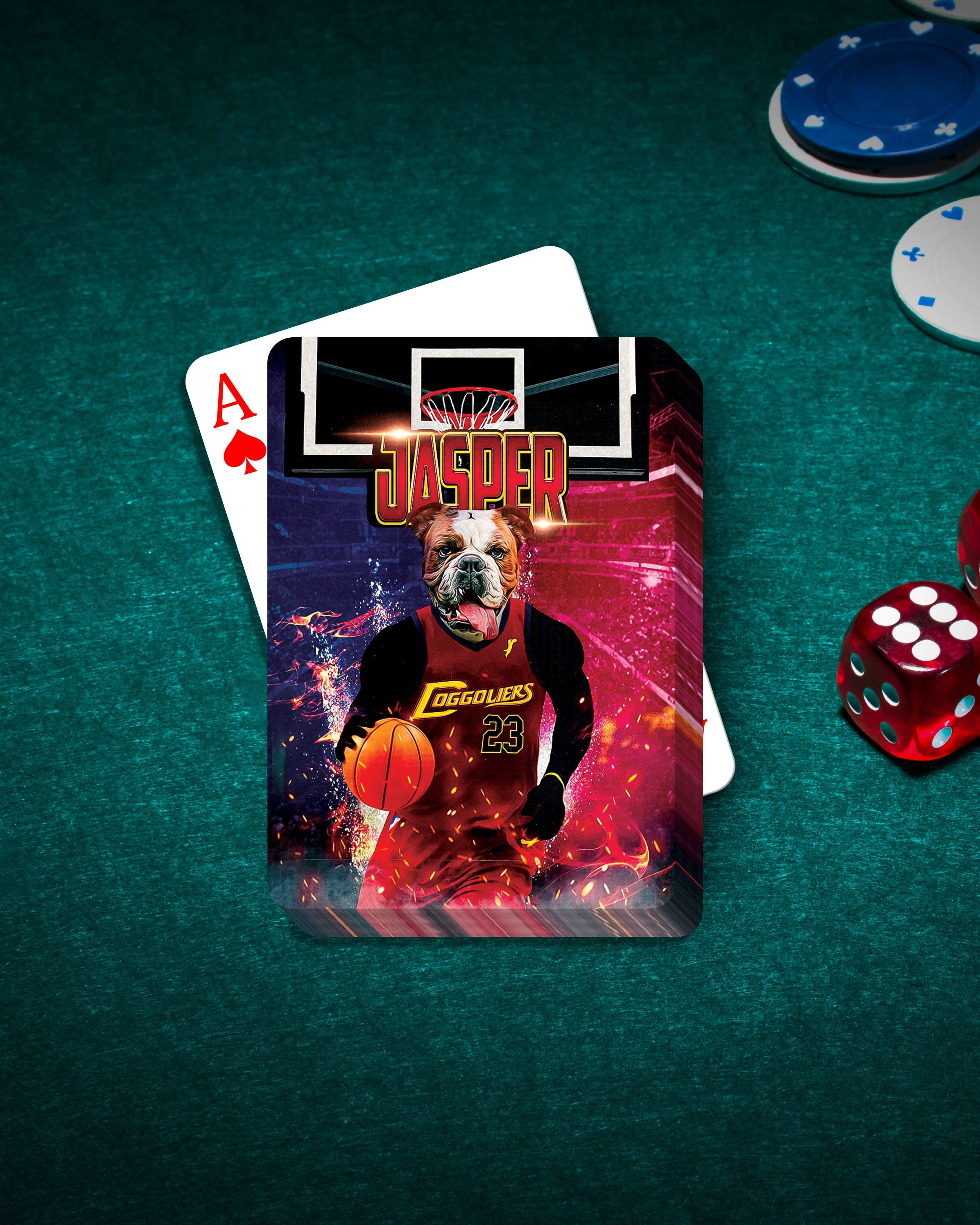 Personalized playing card featuring a bulldog in a "Doggoliers" basketball uniform, on a green felt table.