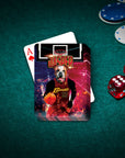 Personalized playing card featuring a bulldog in a "Doggoliers" basketball uniform, on a green felt table.