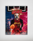 Personalized 'Cleveland Doggoliers' pet poster featuring a bulldog in a red basketball jersey with "Jasper" above.