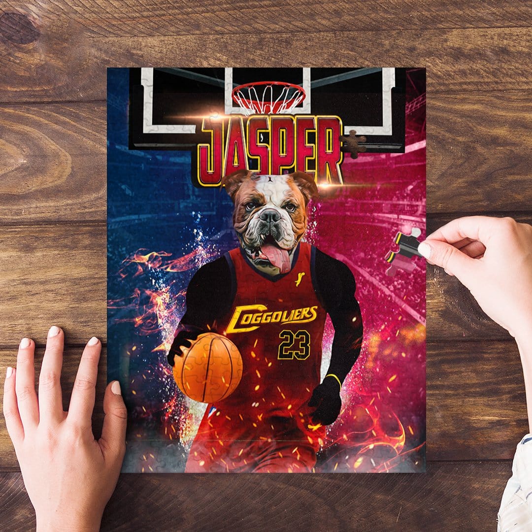 Personalized pet puzzle featuring a bulldog in a red basketball uniform with "JASPER" and "Doggoliers 23".
