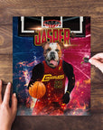 Personalized pet puzzle featuring a bulldog in a red basketball uniform with "JASPER" and "Doggoliers 23".