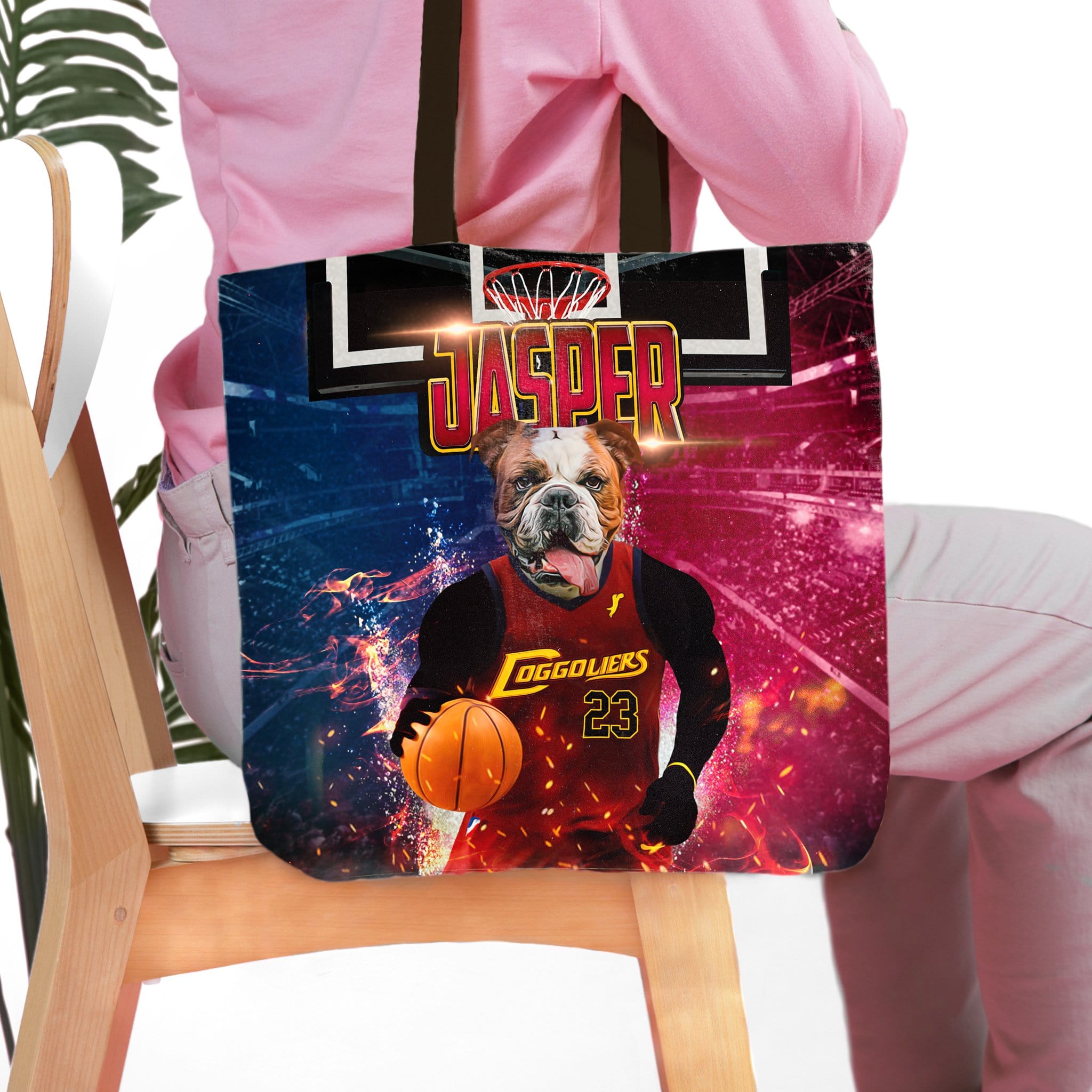 Personalized tote bag featuring a bulldog pet portrait in a basketball uniform with "Jasper" and "Doggoliers 23".