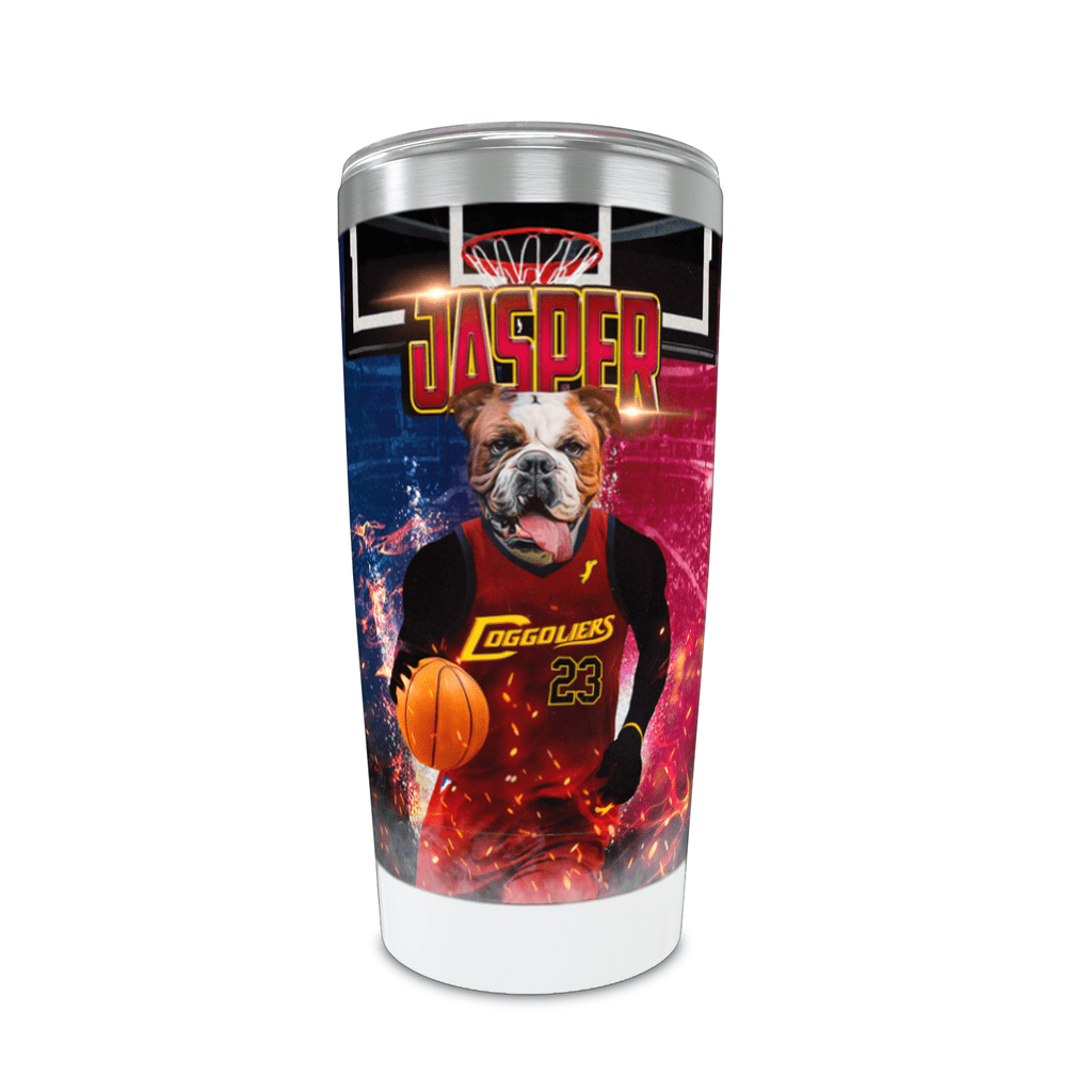 Personalized white stainless steel tumbler with a bulldog in a "Doggoliers" basketball jersey.