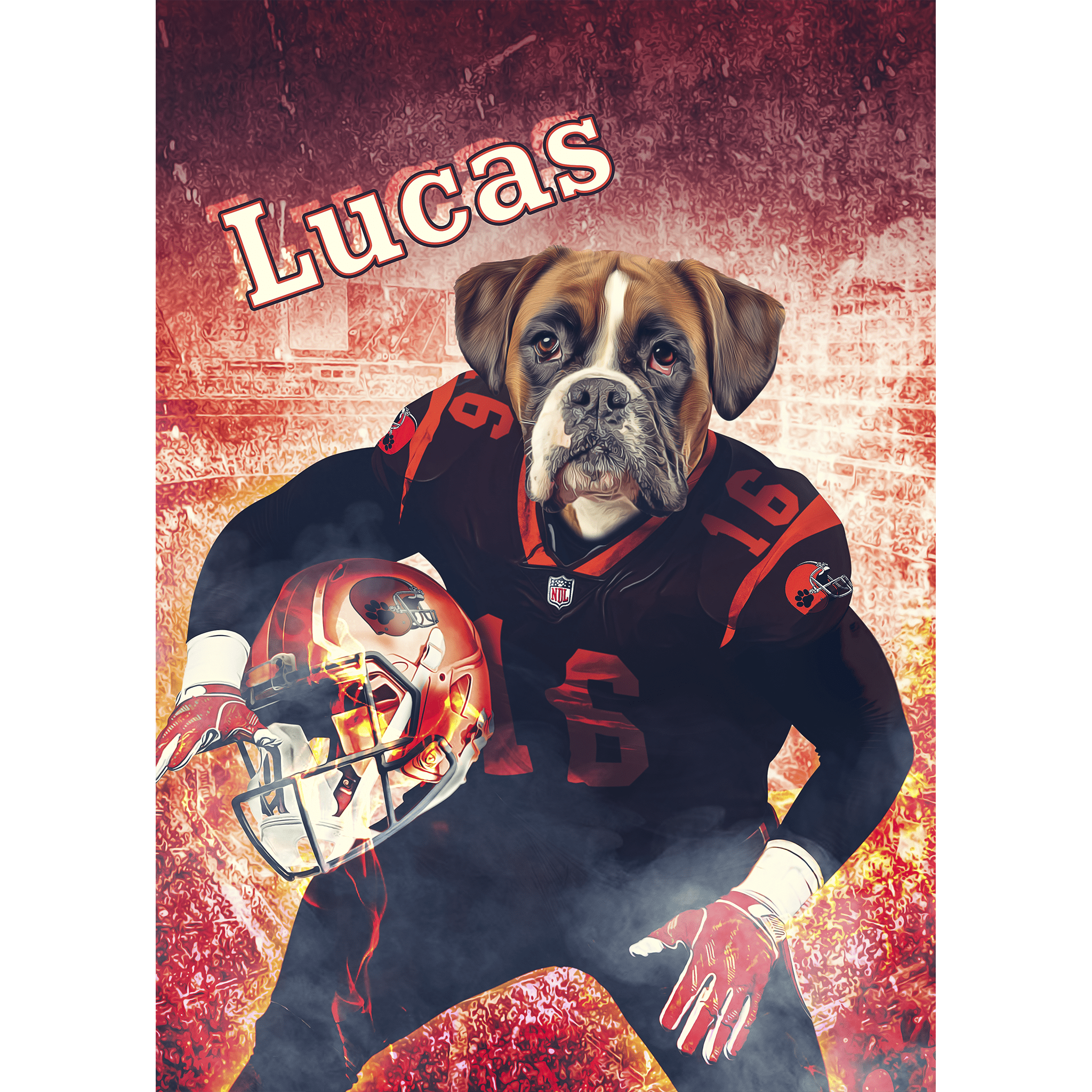 Personalized digital portrait of a boxer dog in a football uniform with "Lucas" above.