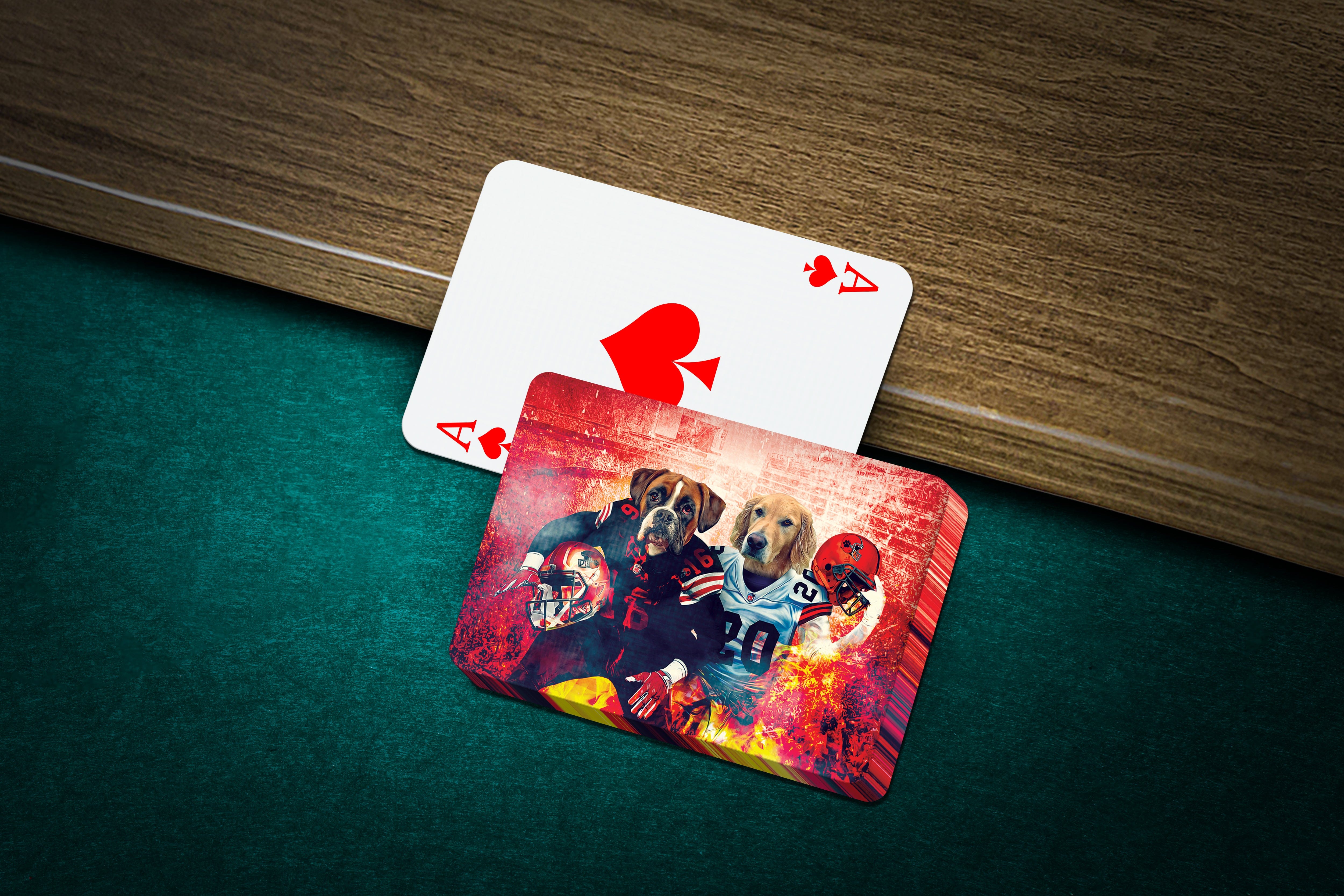 Personalized playing cards featuring two dogs in football uniforms on a red and yellow background.
