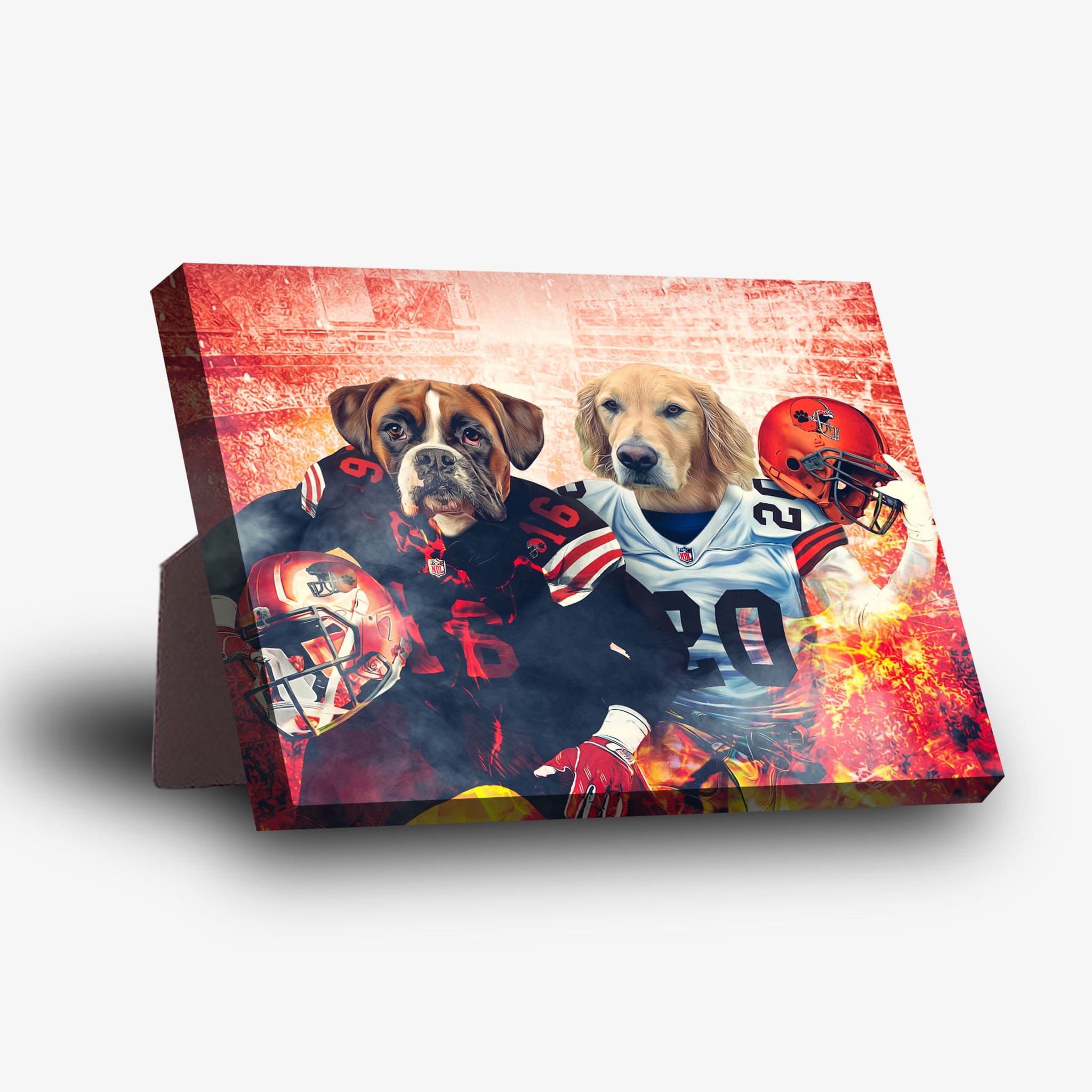 Personalized 'Cleveland Doggos' standing canvas featuring two pets in football uniforms against a fiery red background.