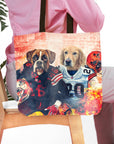 Personalized 2 pet tote bag with dog portraits in Cleveland Doggos football uniforms.