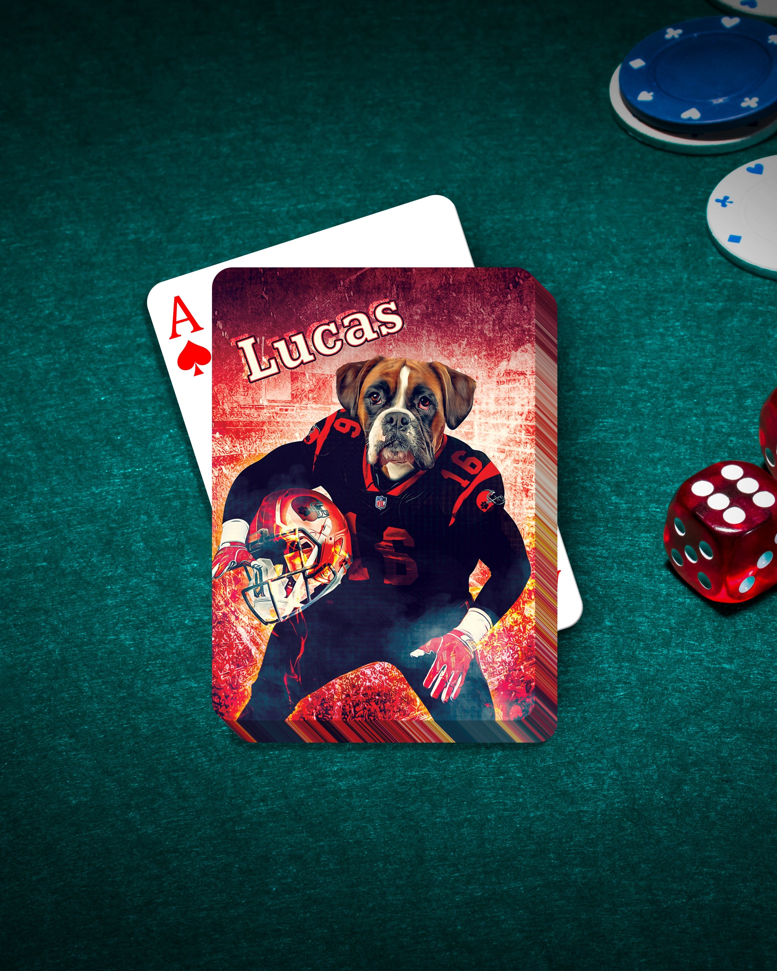 Personalized playing cards featuring a custom dog portrait in a football uniform, with an Ace of Spades.