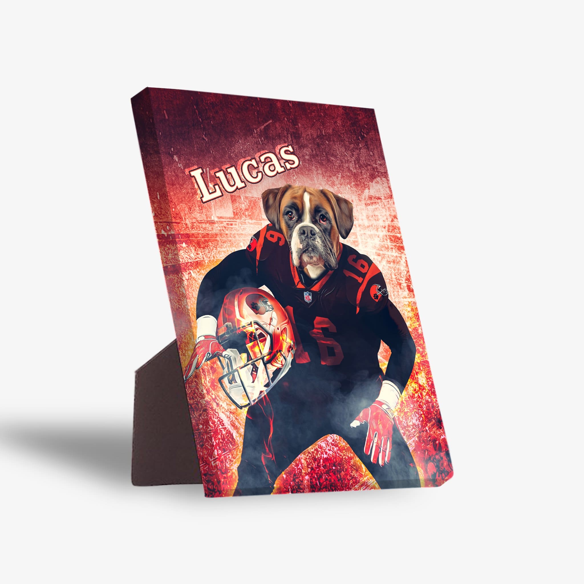 Personalized pet standing canvas featuring a boxer dog in a Cleveland Doggos football uniform with "Lucas" on a red background.