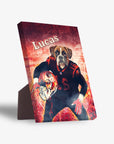 Personalized pet standing canvas featuring a boxer dog in a Cleveland Doggos football uniform with "Lucas" on a red background.