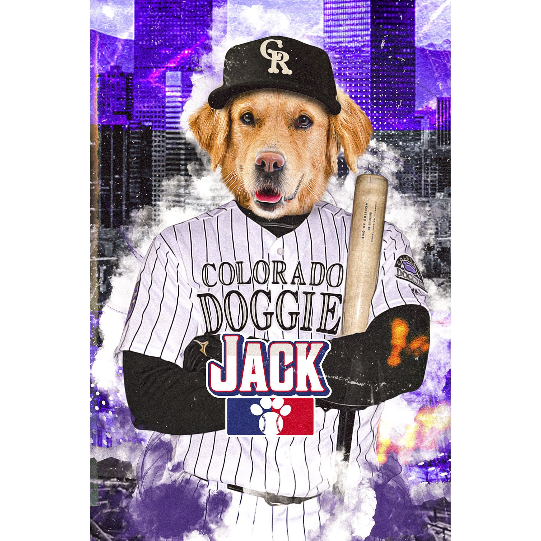 Personalized digital portrait of a golden retriever dog in a Colorado Rockies baseball uniform.