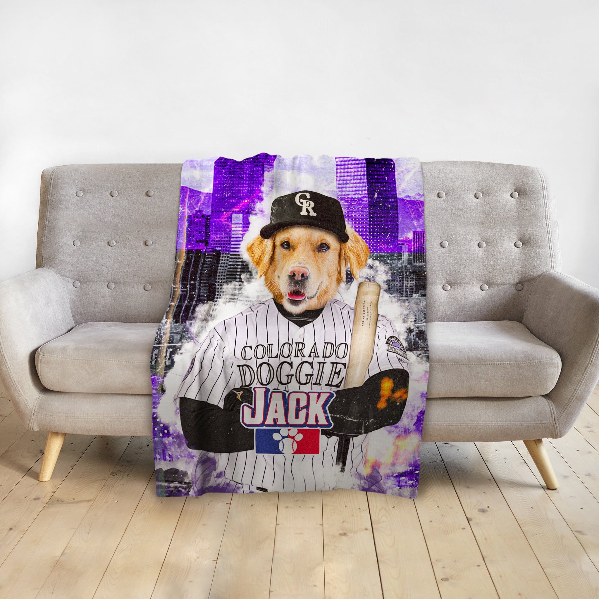 Personalized pet blanket with a golden retriever in a baseball uniform, "Colorado Doggie Jack" text, and purple city background.