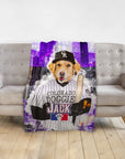 Personalized pet blanket with a golden retriever in a baseball uniform, "Colorado Doggie Jack" text, and purple city background.