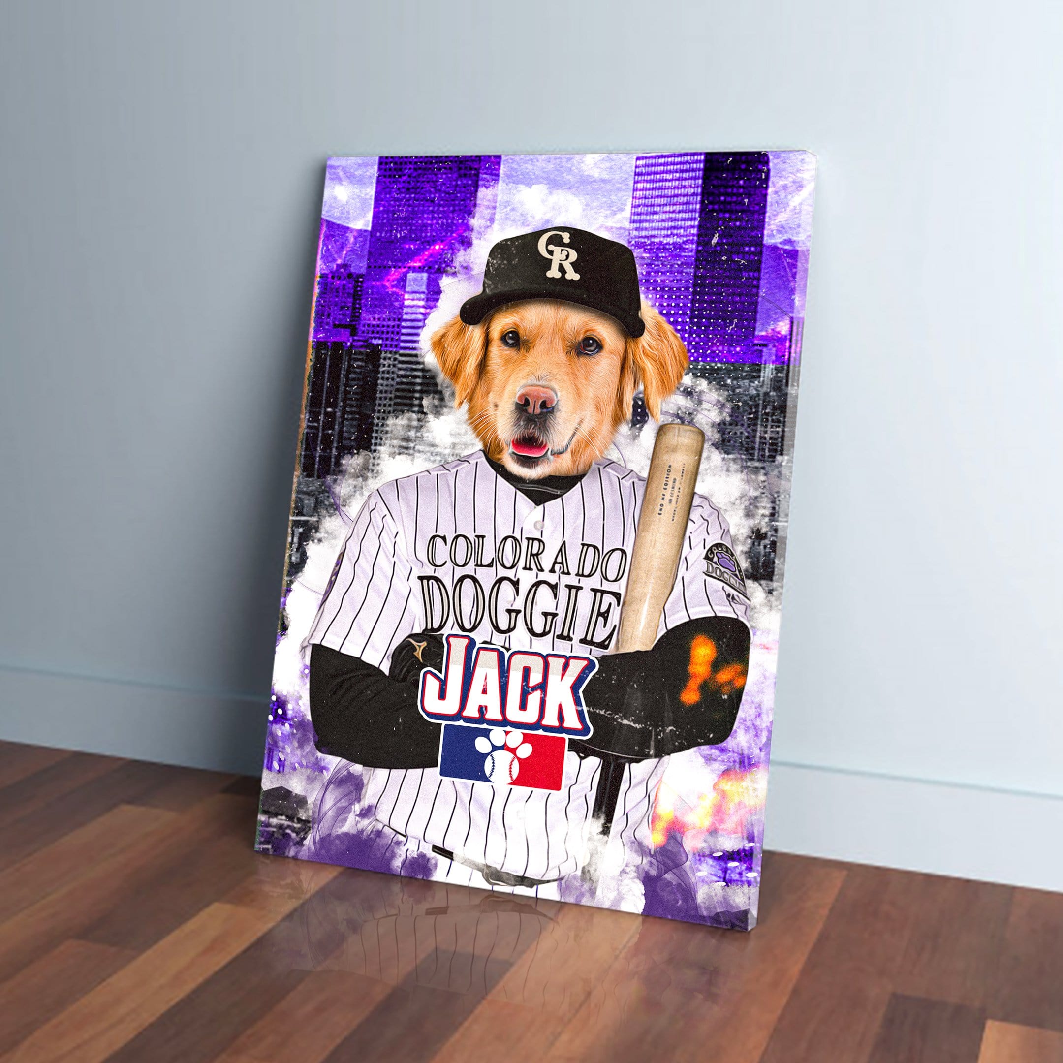 Golden retriever dog in a personalized Colorado Rockies baseball uniform canvas print.