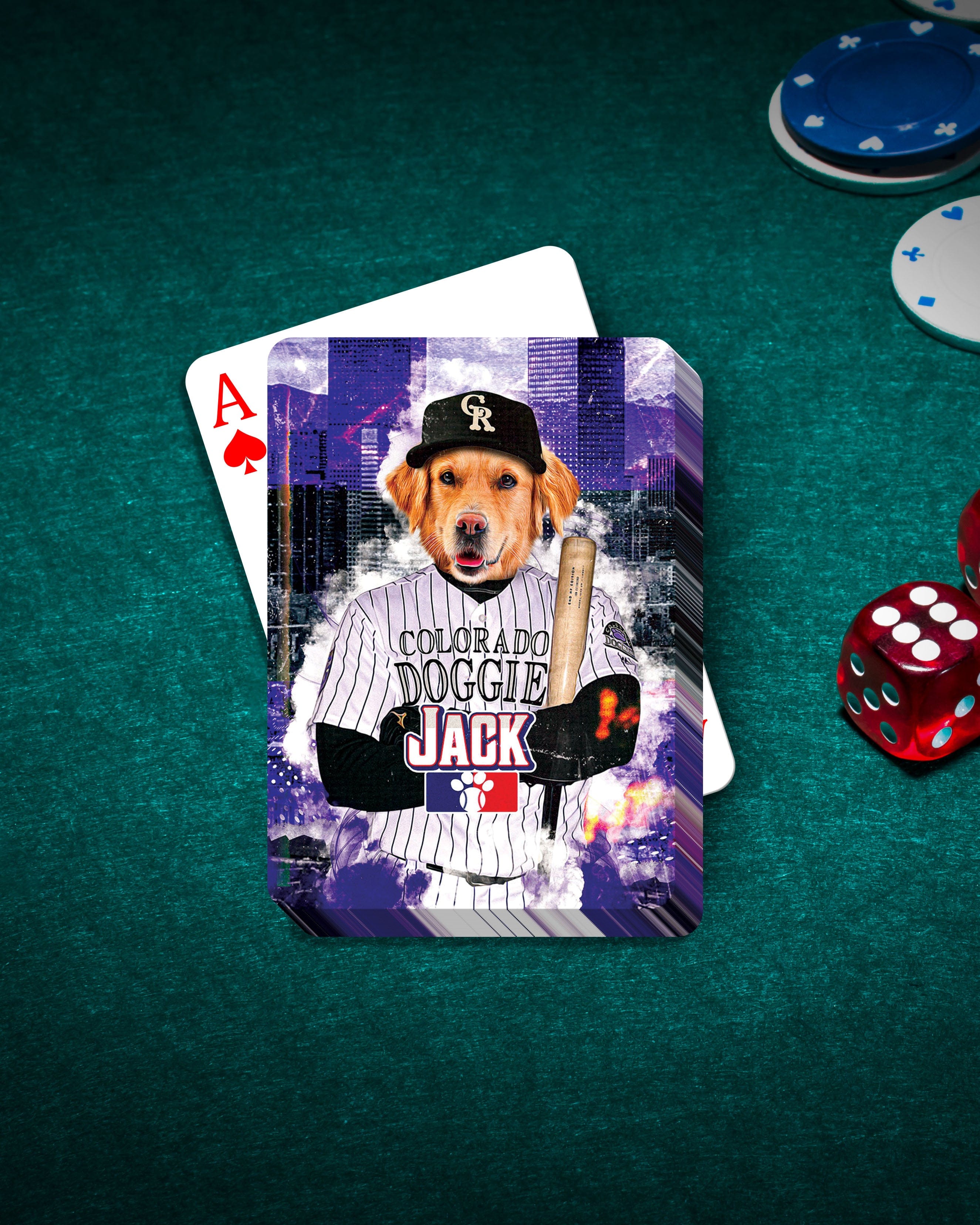 Personalized pet playing cards featuring a golden retriever in a baseball uniform with a "Colorado Doggie Jack" design.