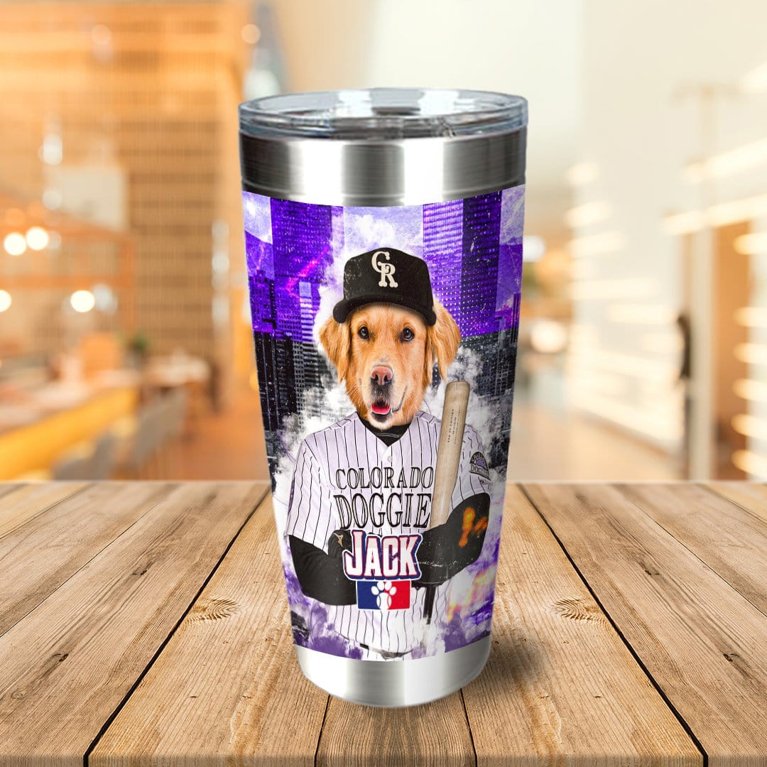 Personalized stainless steel tumbler with a custom dog portrait in a baseball uniform.