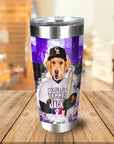 Personalized stainless steel tumbler with a custom dog portrait in a baseball uniform.