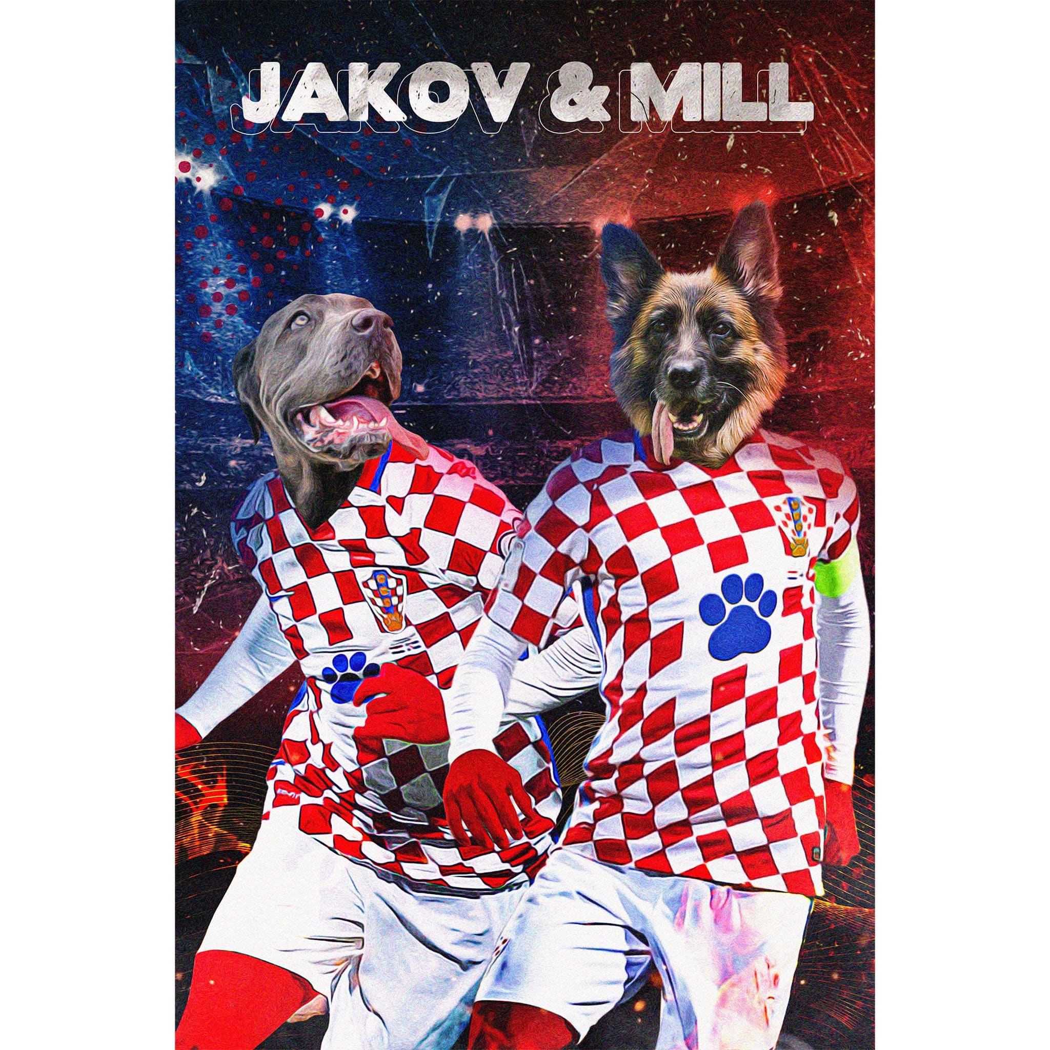 Personalized digital portrait of two dogs in Croatia soccer jerseys with names Jakov & Mill.