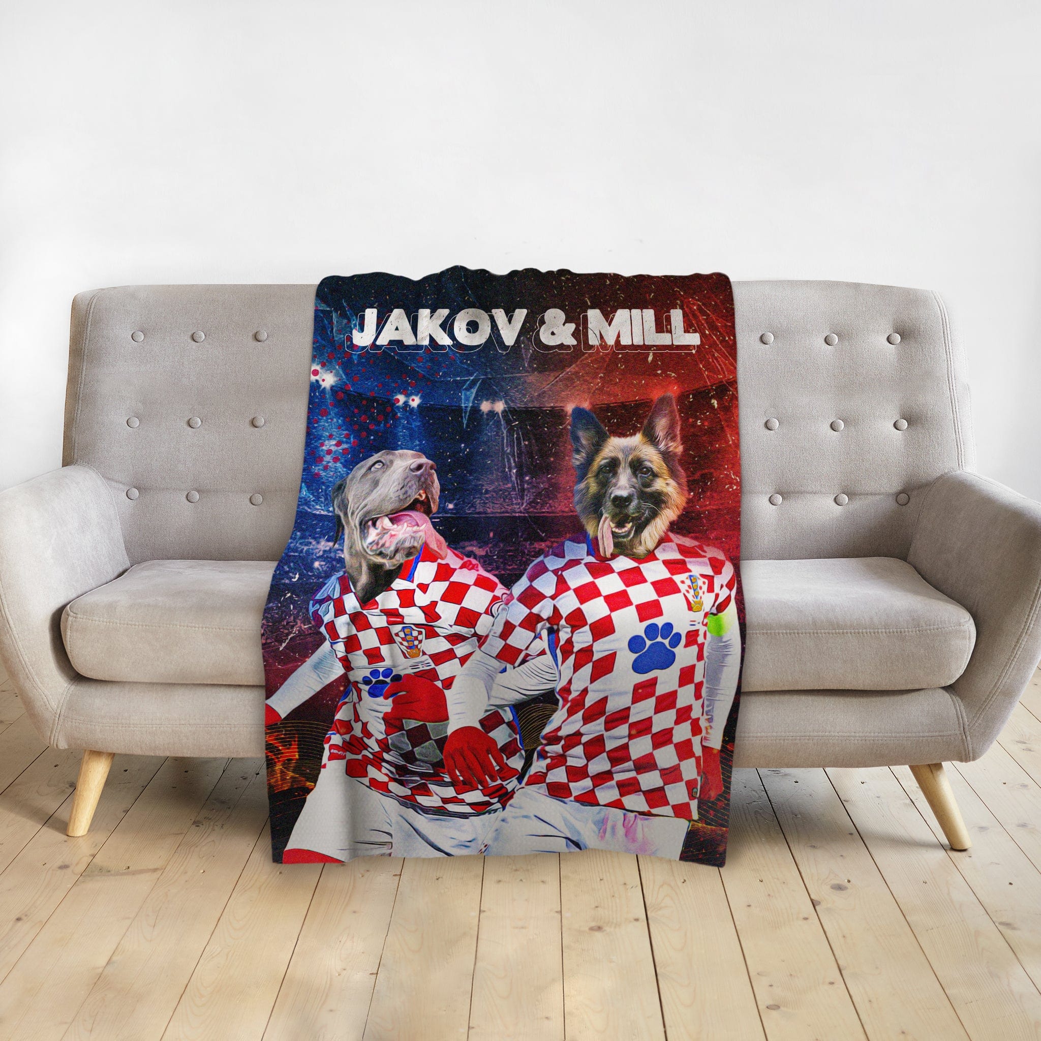 Personalized pet blanket with two dogs in Croatia soccer jerseys, "Jakov & Mill" text.