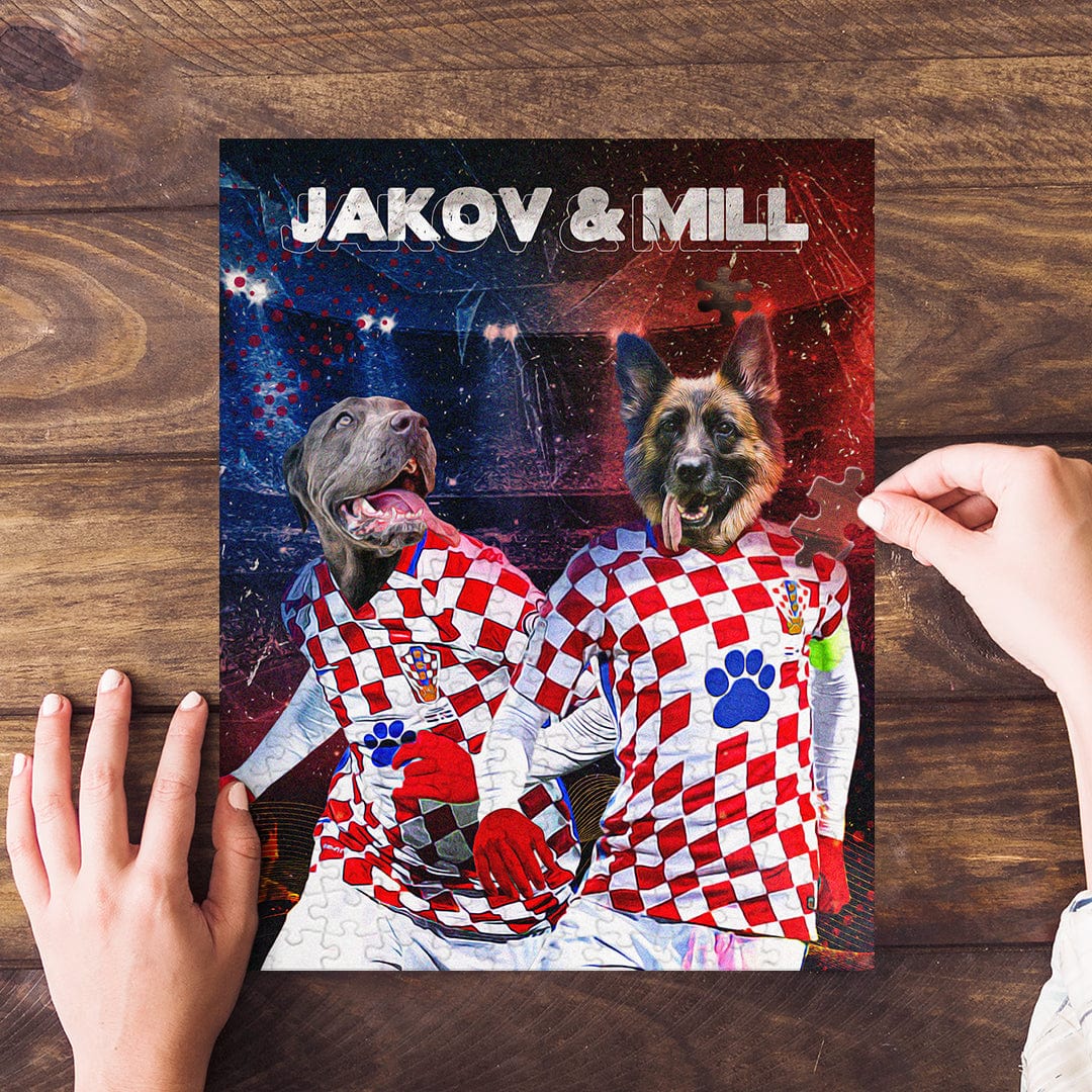 Personalized Croatia Doggos 2 pet puzzle featuring a Weimaraner and German Shepherd in soccer jerseys.