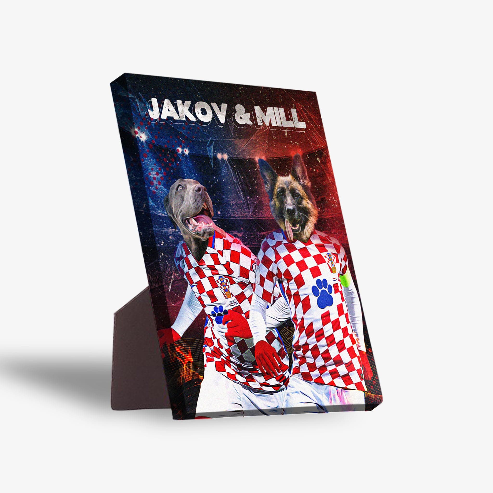 Personalized Croatia Doggos standing canvas featuring two pets in soccer jerseys.