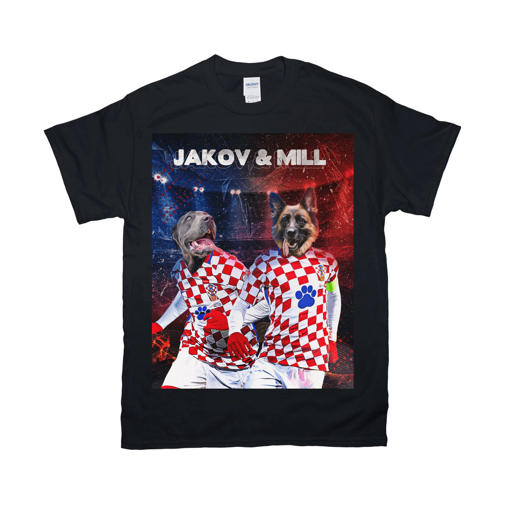 Black Gildan t-shirt with a custom graphic of two dogs, Jakov & Mill, in Croatian soccer jerseys.