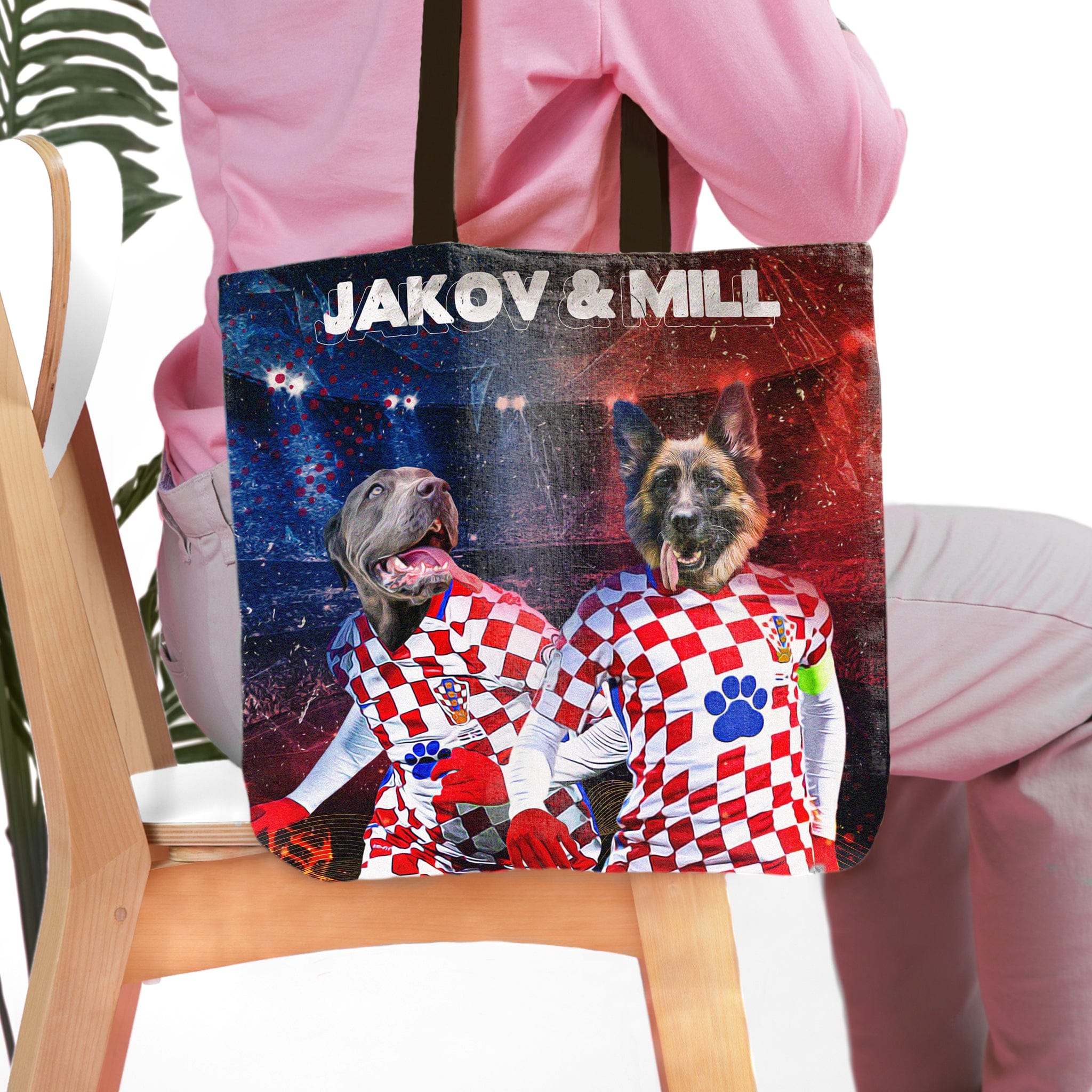 Personalized Croatia Doggos tote bag featuring two custom pet portraits in soccer jerseys.