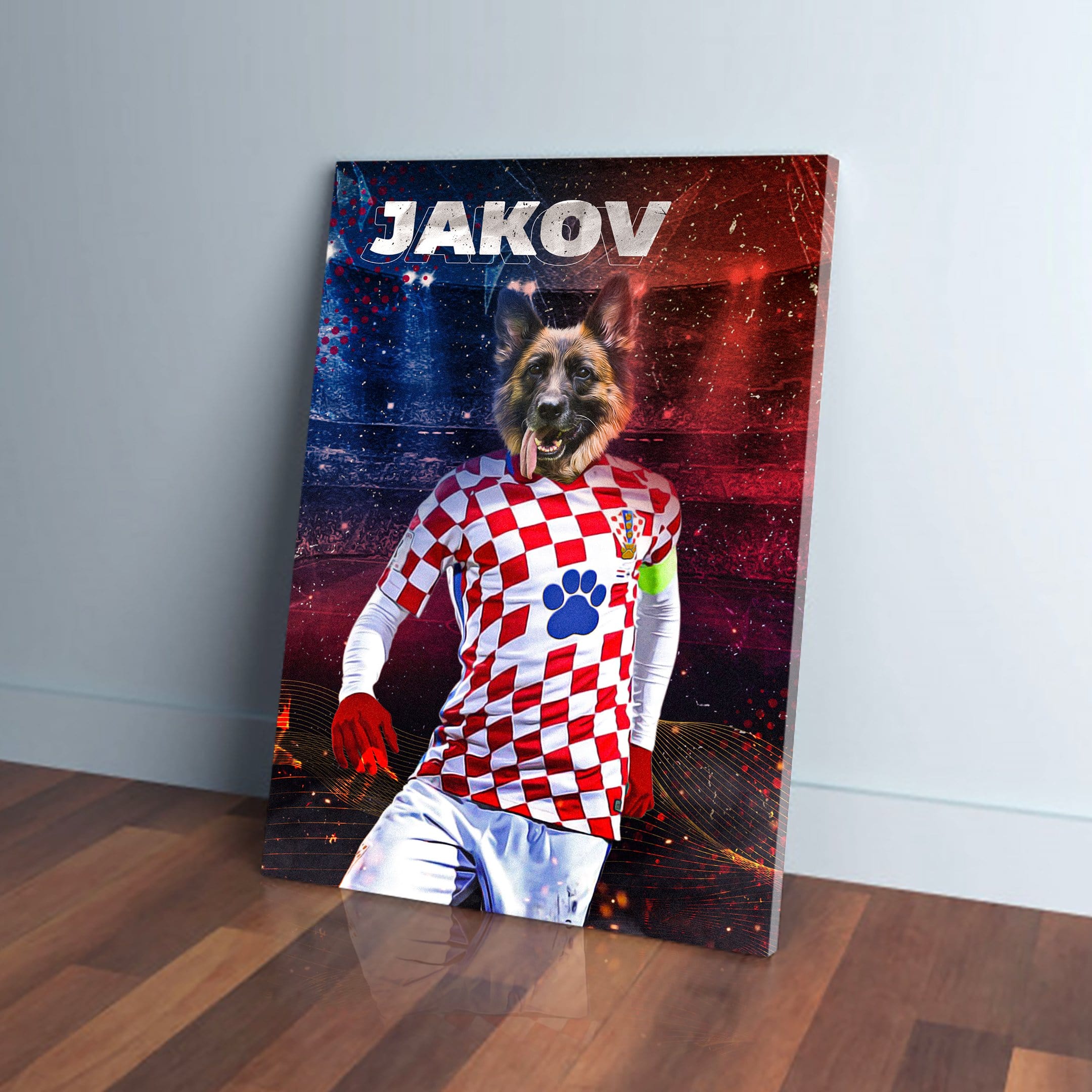 Personalized pet canvas featuring a German Shepherd in a Croatia soccer jersey with "JAKOV" above.