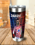 Personalized stainless steel tumbler with a German Shepherd in a Croatian soccer jersey and the name "JAKOV".
