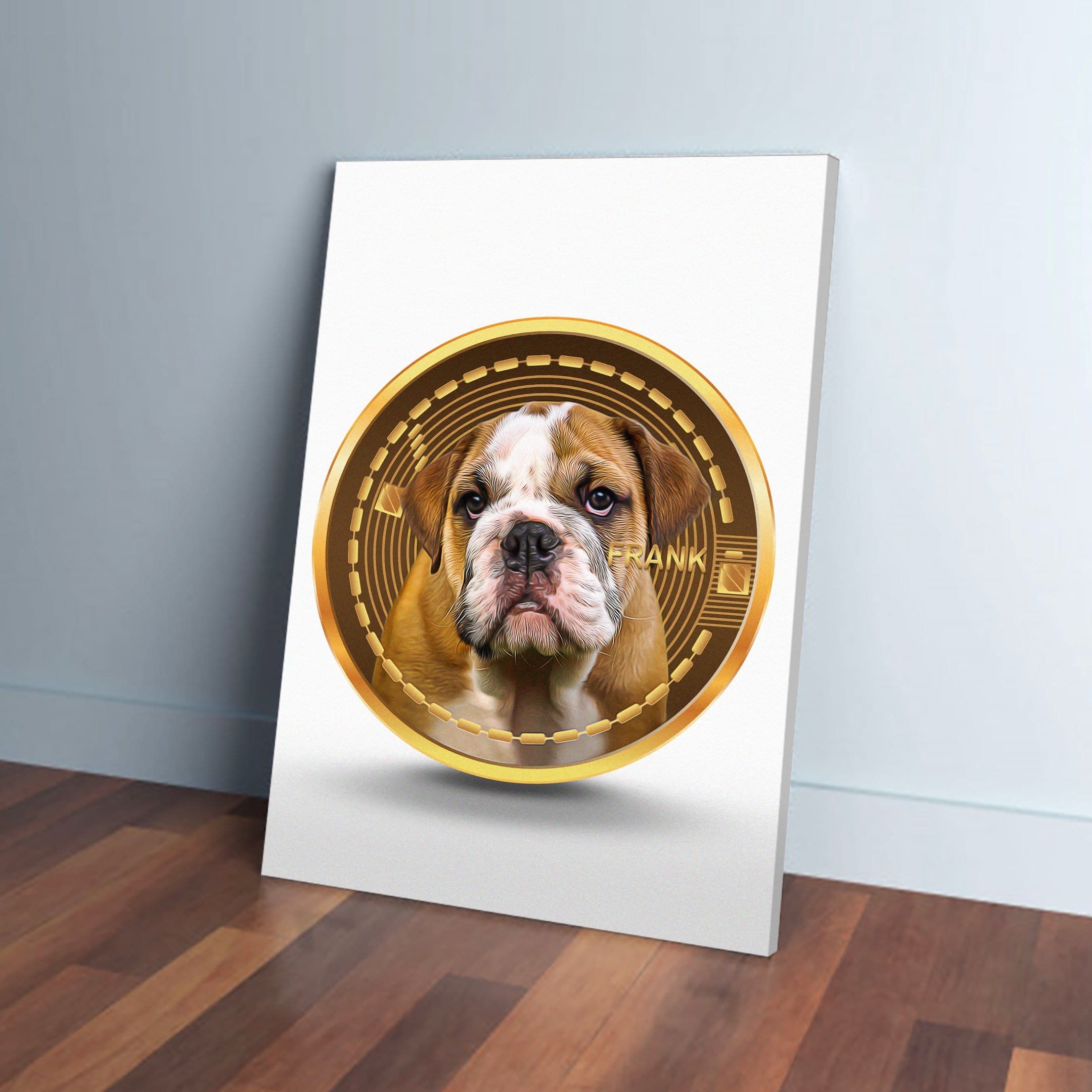 Custom Crypto (Your Dog) personalized canvas featuring a bulldog in a gold coin design.