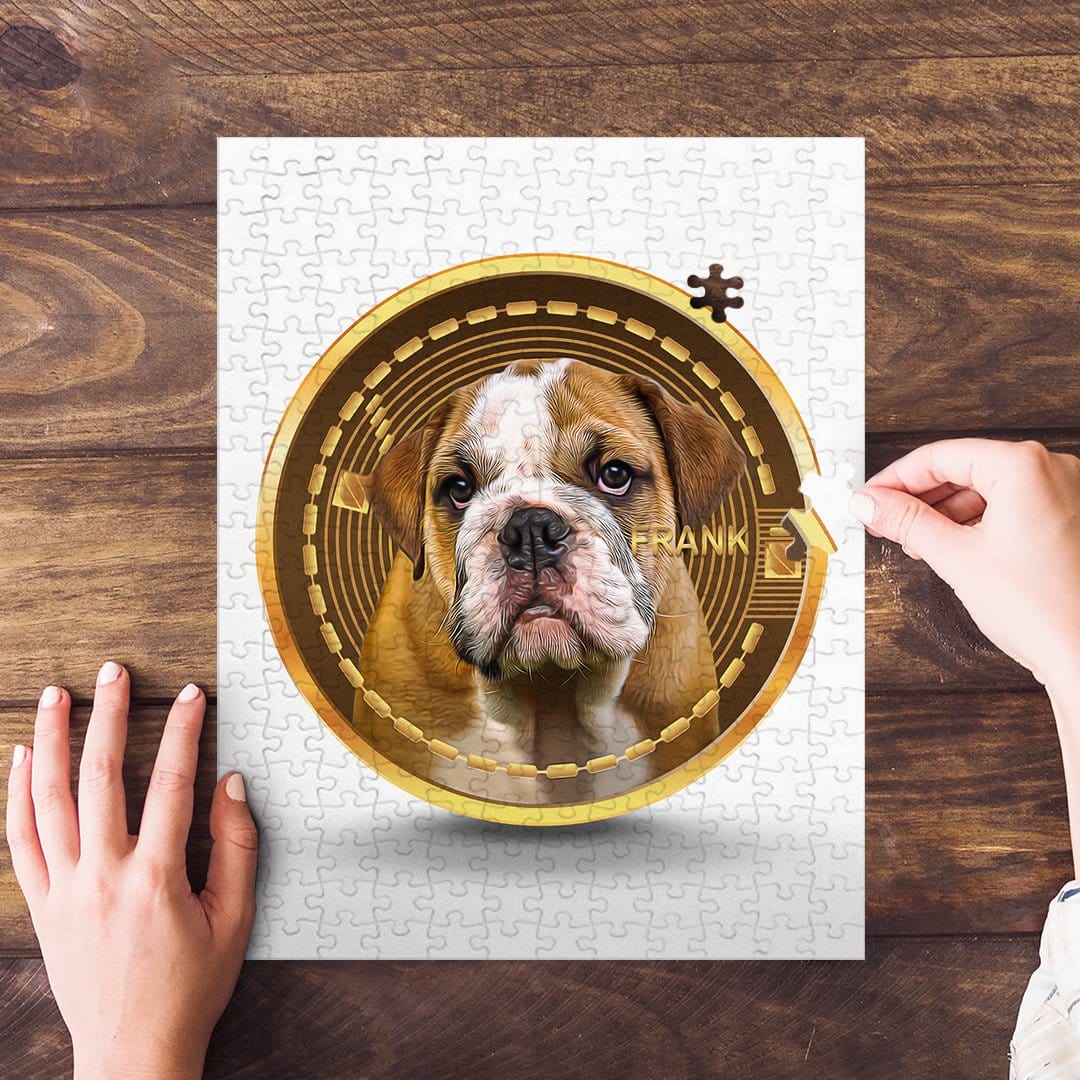 Custom personalized crypto-style puzzle featuring a bulldog puppy portrait in a gold frame.