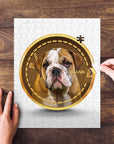 Custom personalized crypto-style puzzle featuring a bulldog puppy portrait in a gold frame.