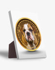 Personalized pet standing canvas featuring a bulldog in a gold crypto coin design.