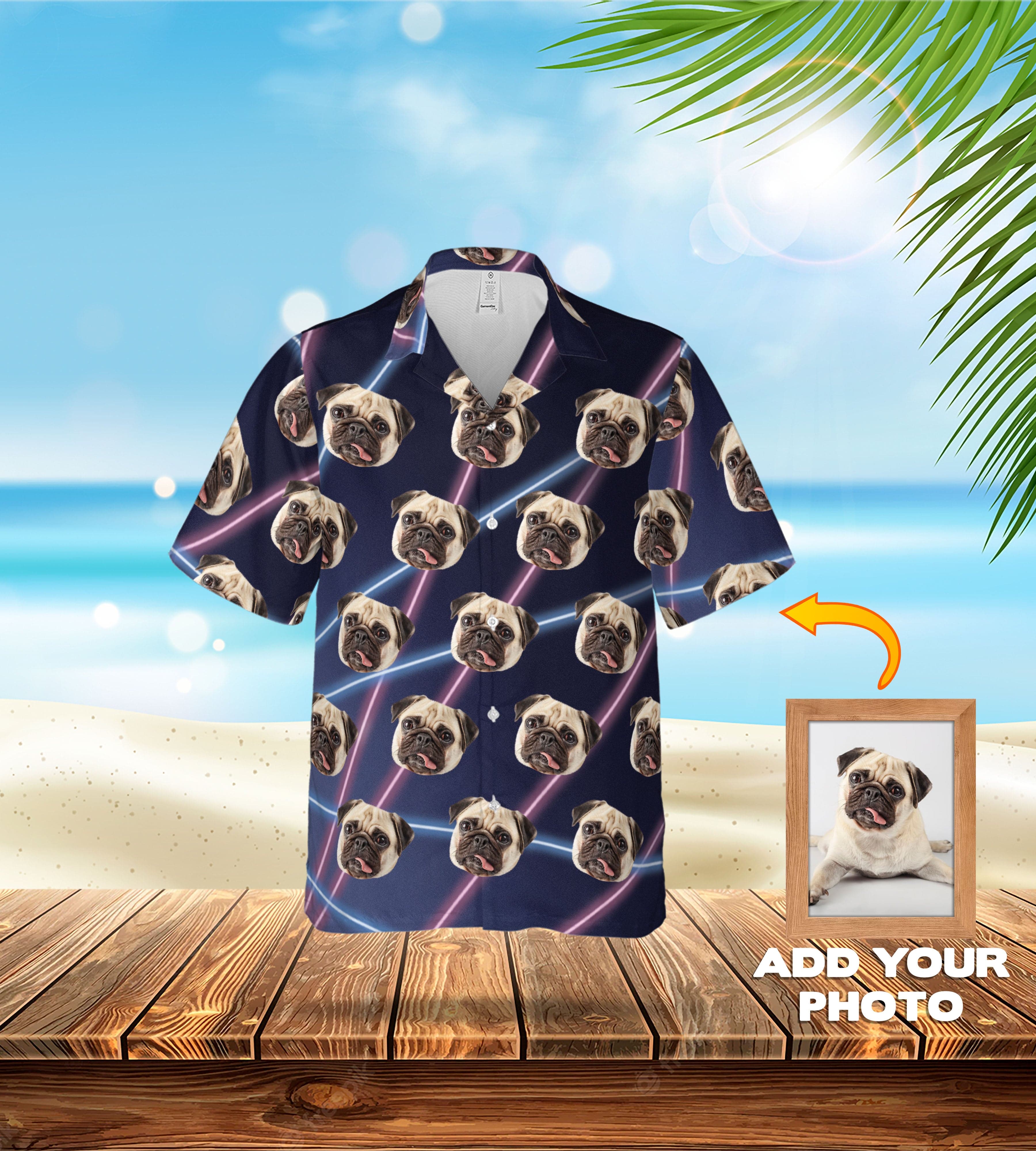 Custom Hawaiian shirt with multiple pug dog portraits and neon laser lines on a dark blue background.