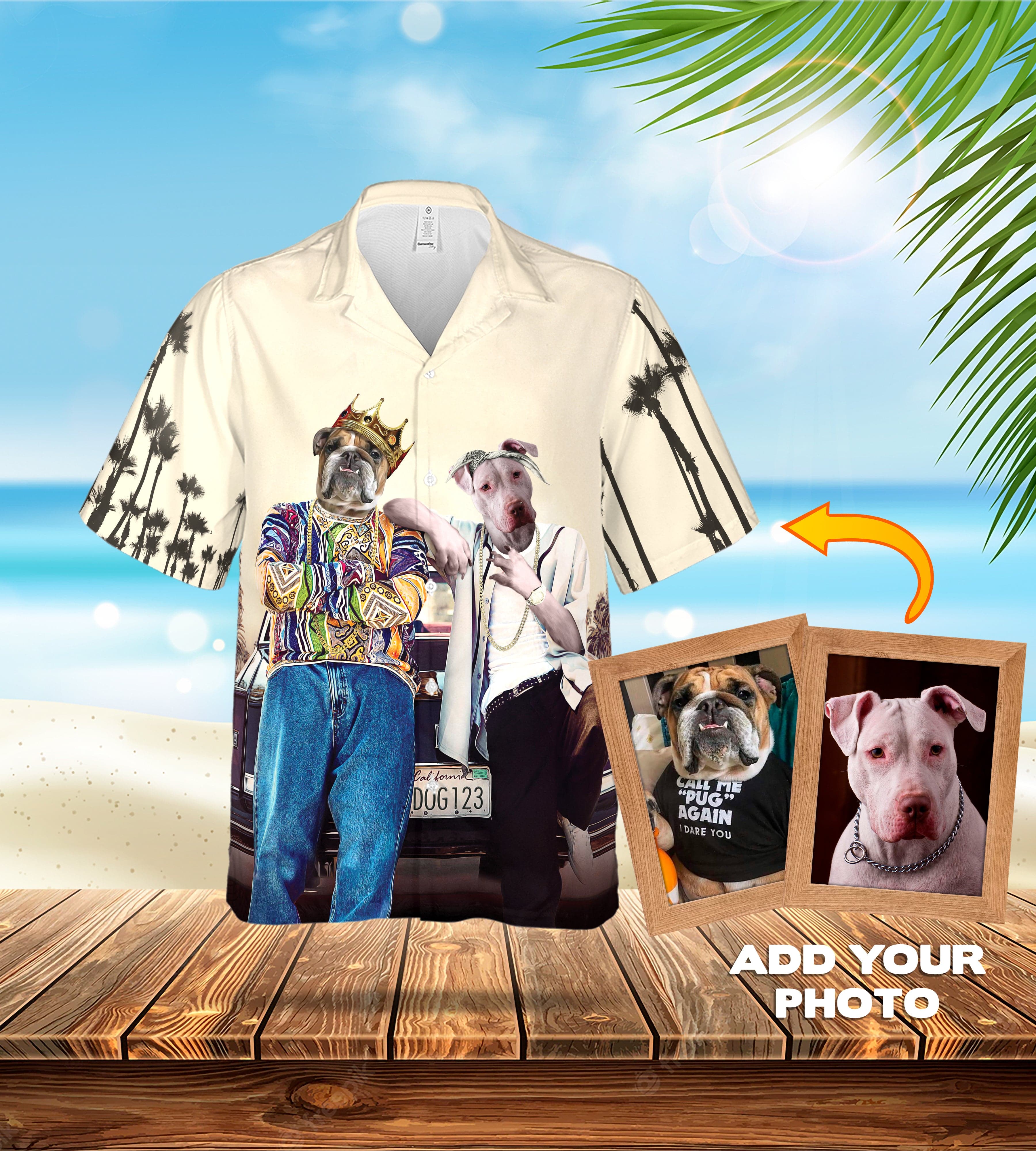 Custom Hawaiian shirt with two personalized dog portraits in a beach scene, featuring palm trees.