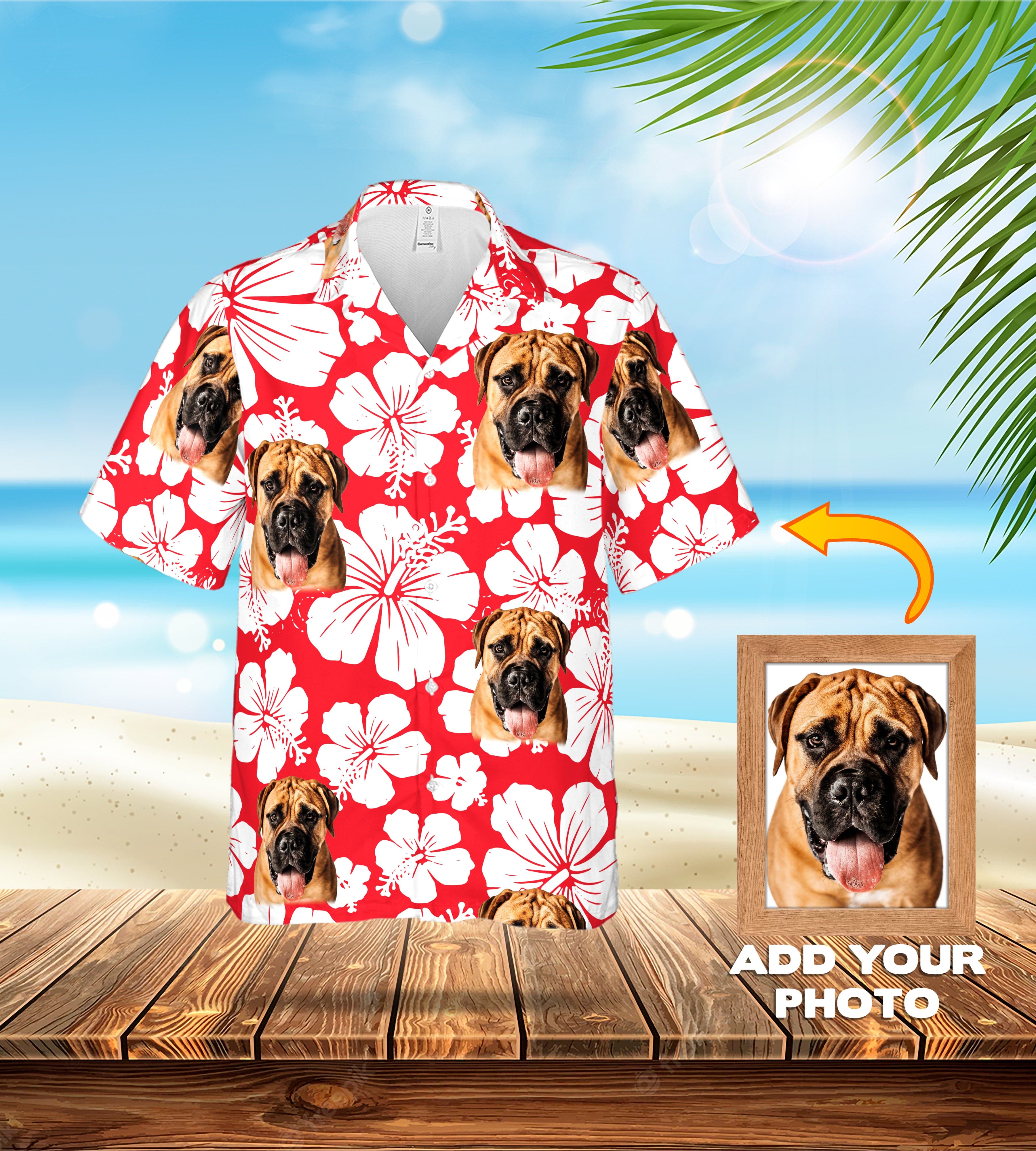 Custom red Hawaiian shirt with white hibiscus flowers and personalized Mastiff dog portraits.